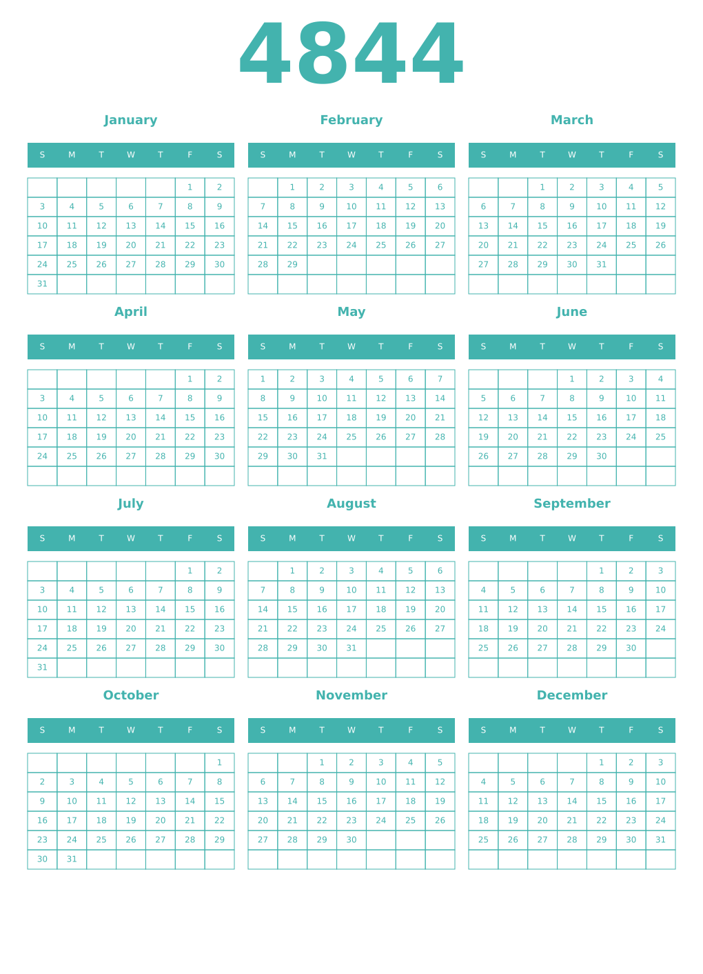 Printable 4844 Year Calendars verdigris