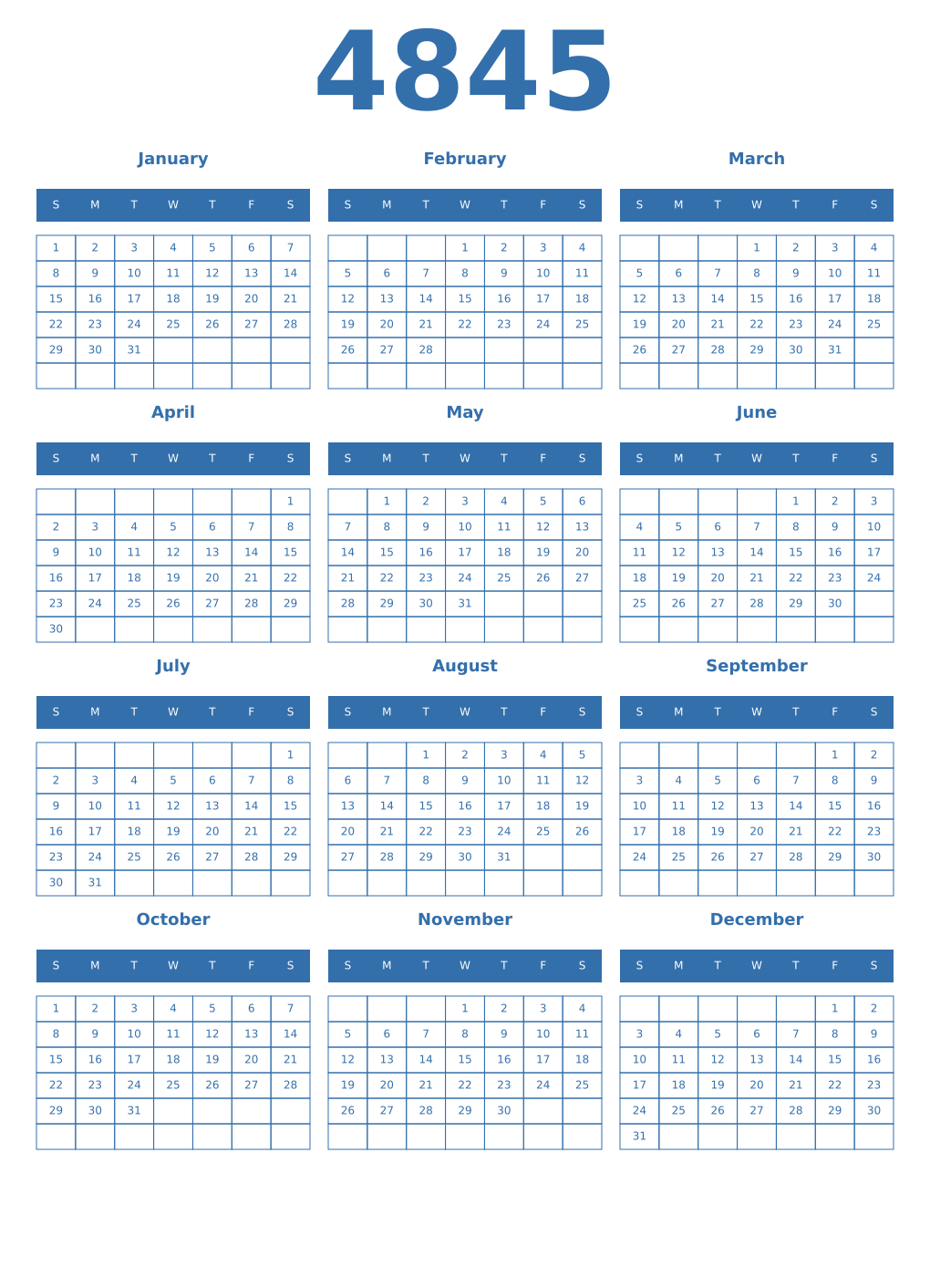 Printable 4845 Year Calendars blue