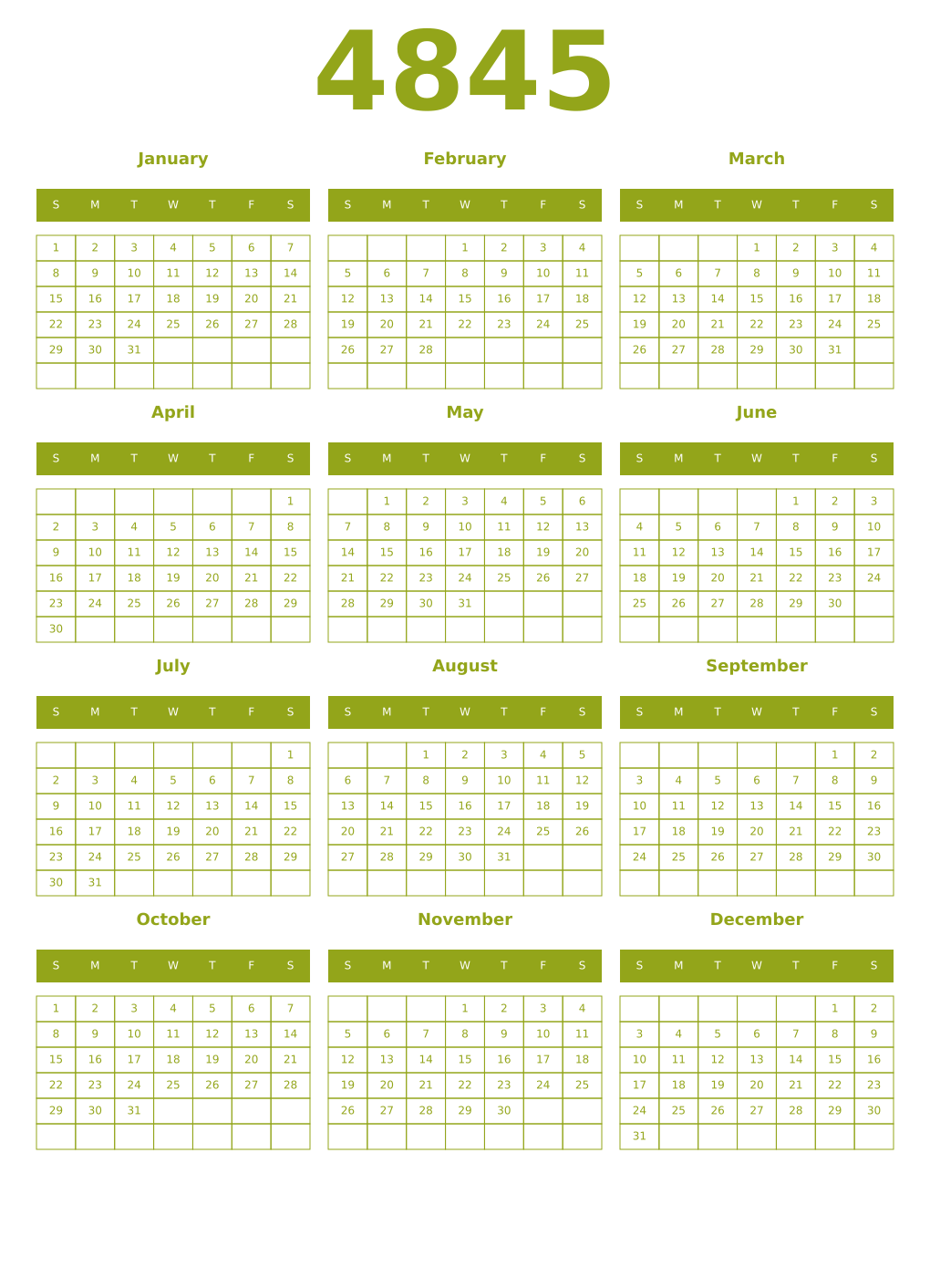 Printable 4845 Year Calendars chartreuse