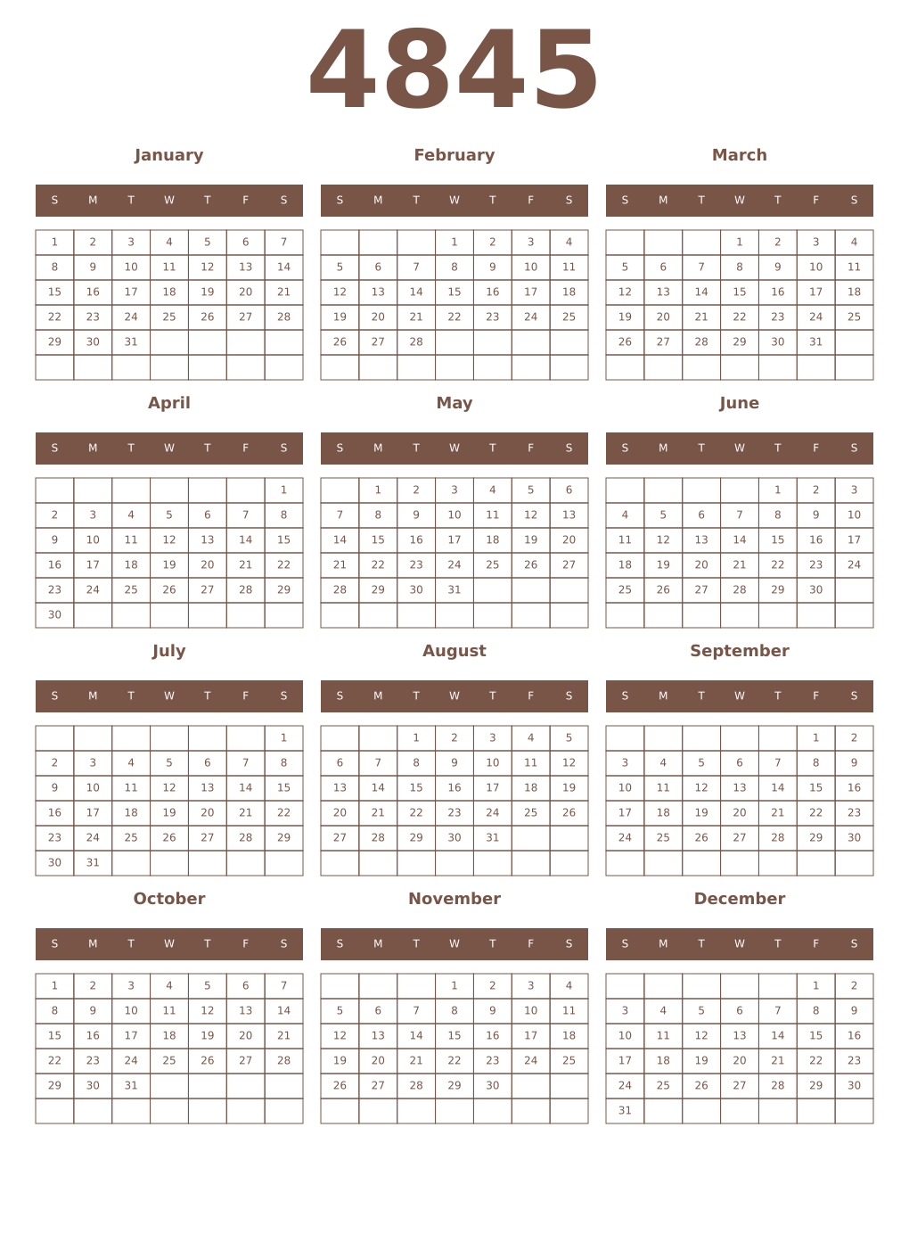 Printable 4845 Year Calendars coffe
