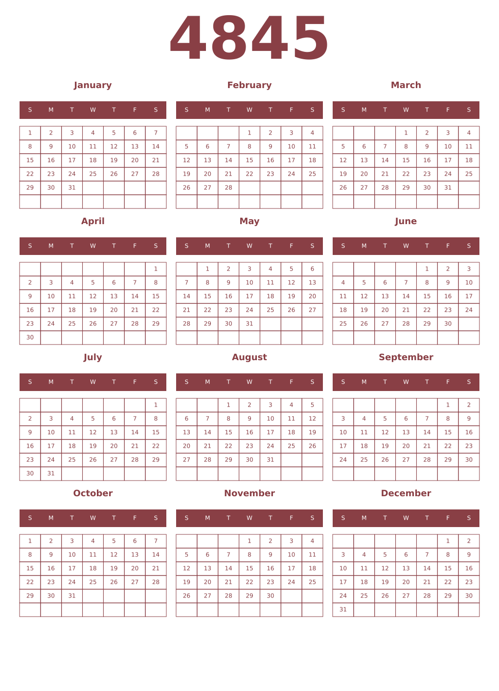 Printable 4845 Year Calendars cordovan