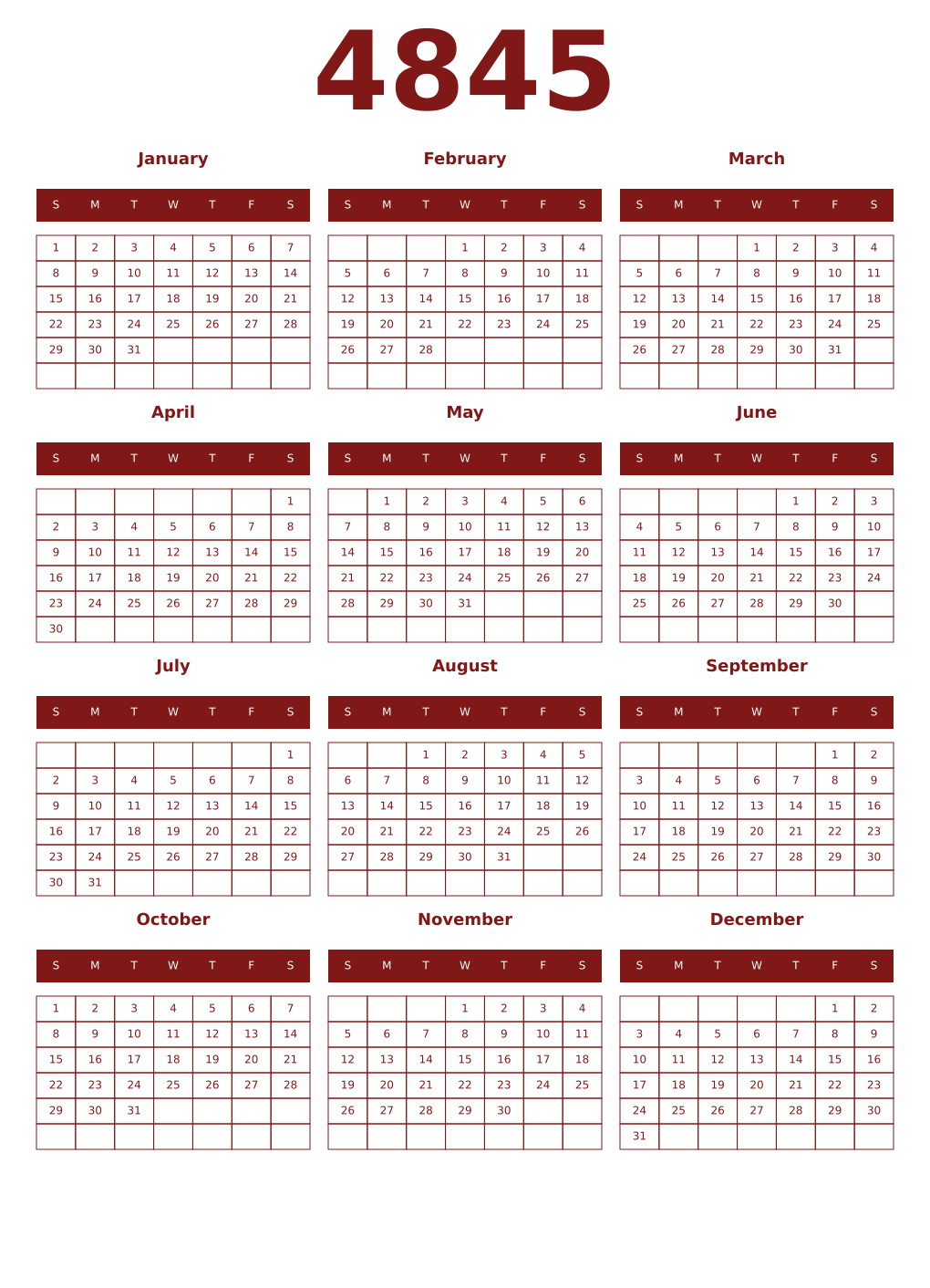 Printable 4845 Year Calendars falu