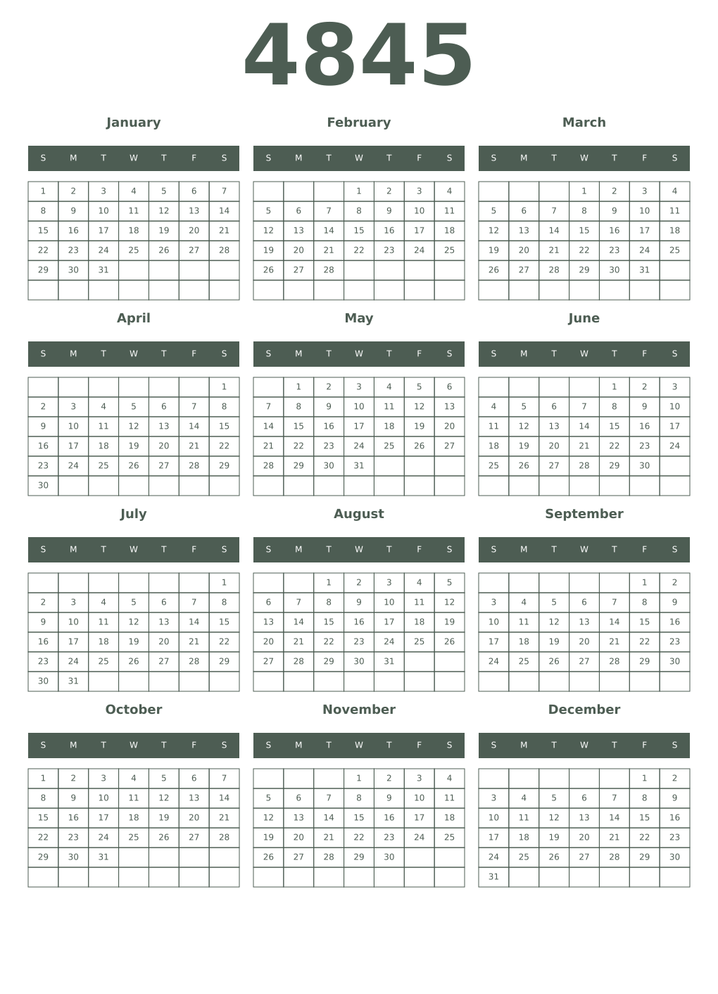 Printable 4845 Year Calendars feldgrau