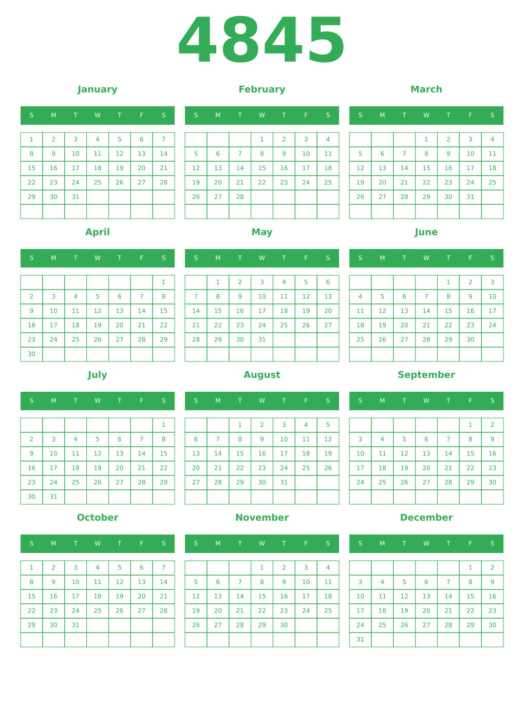Printable 4845 Year Calendars green