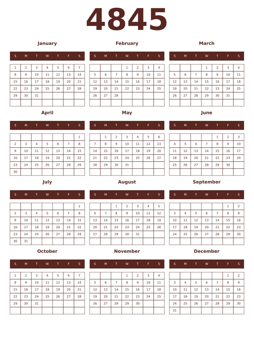 Printable 4845 Year Calendars mortuum