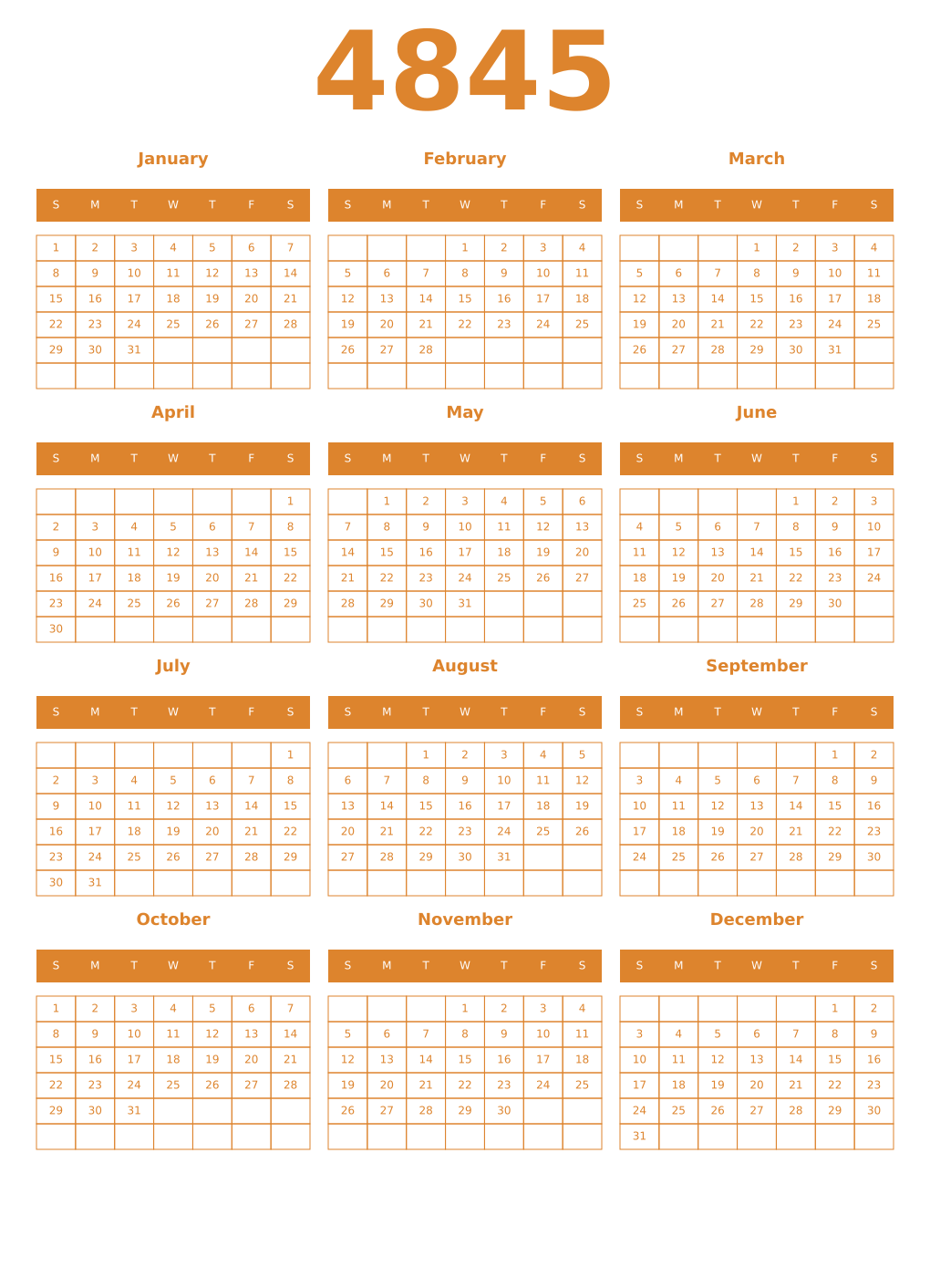 Printable 4845 Year Calendars orange