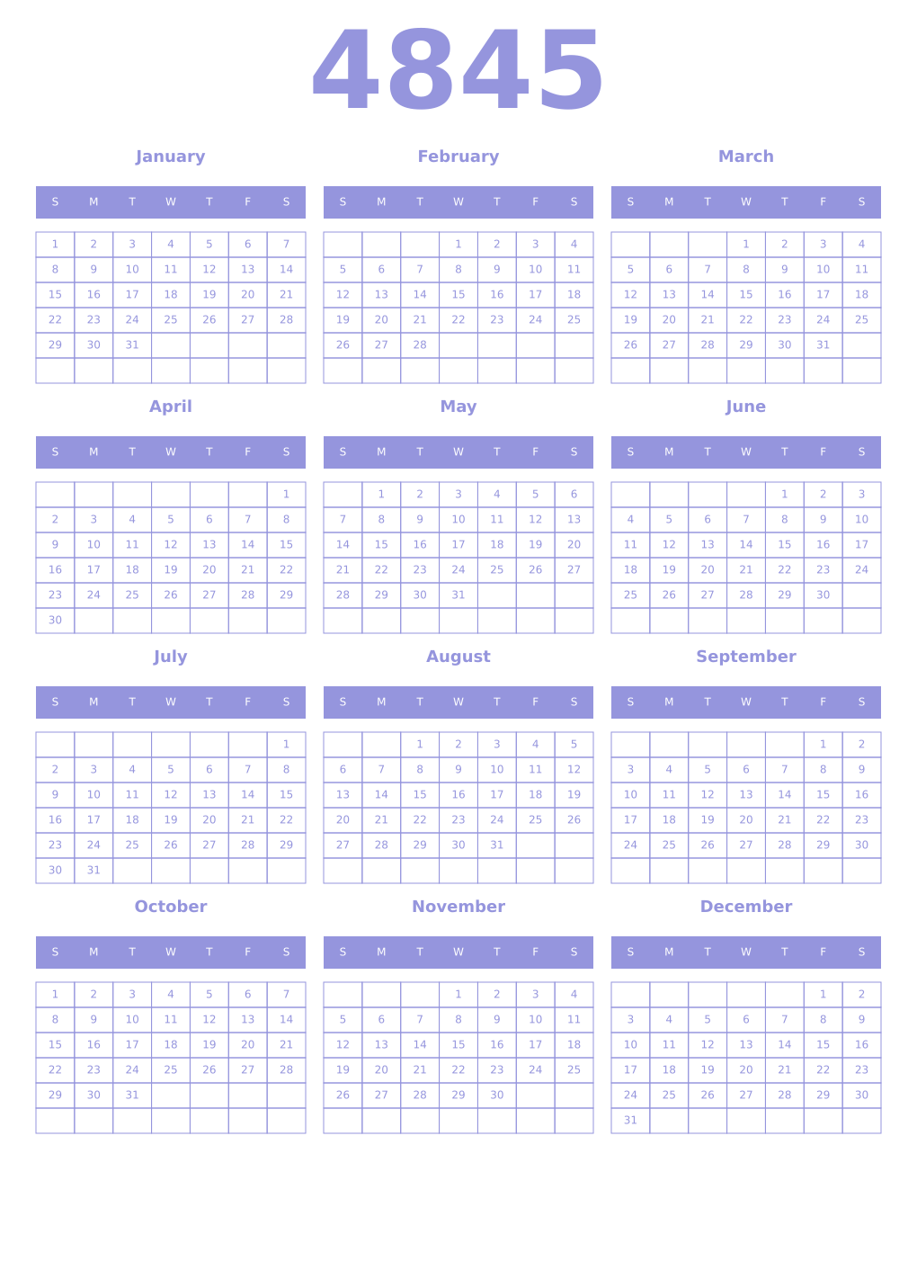 Printable 4845 Year Calendars periwinkle