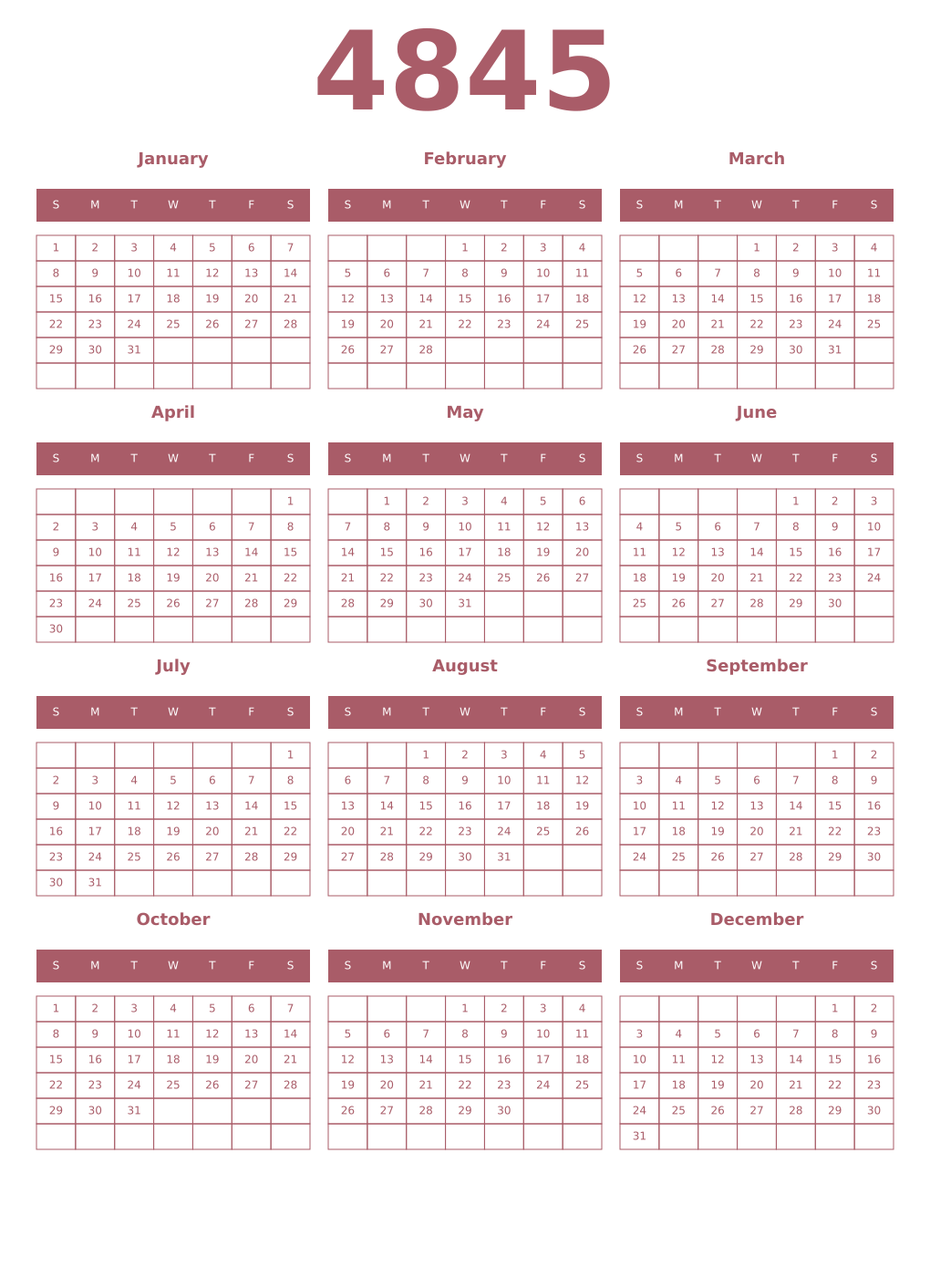 Printable 4845 Year Calendars puce