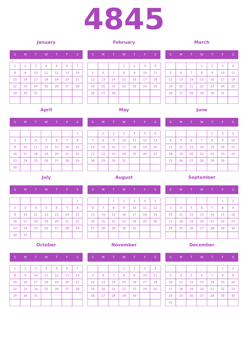 Printable 4845 Year Calendars purple
