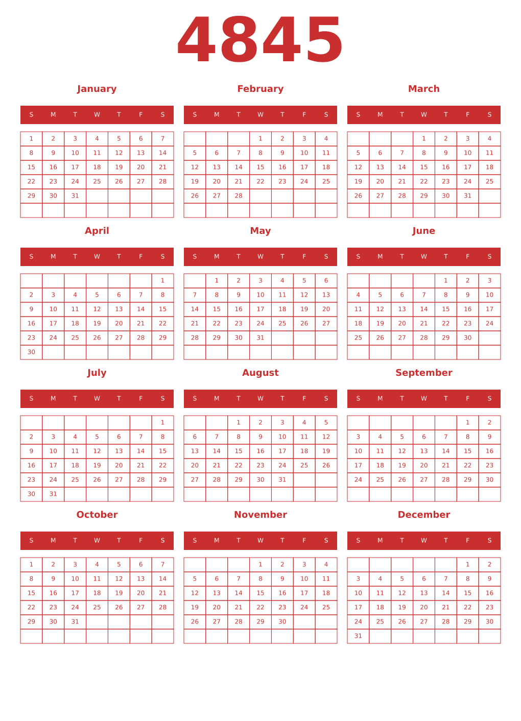 Printable 4845 Year Calendars red