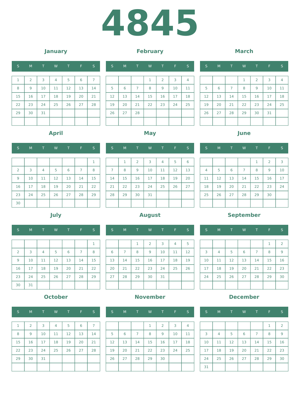 Printable 4845 Year Calendars viridian