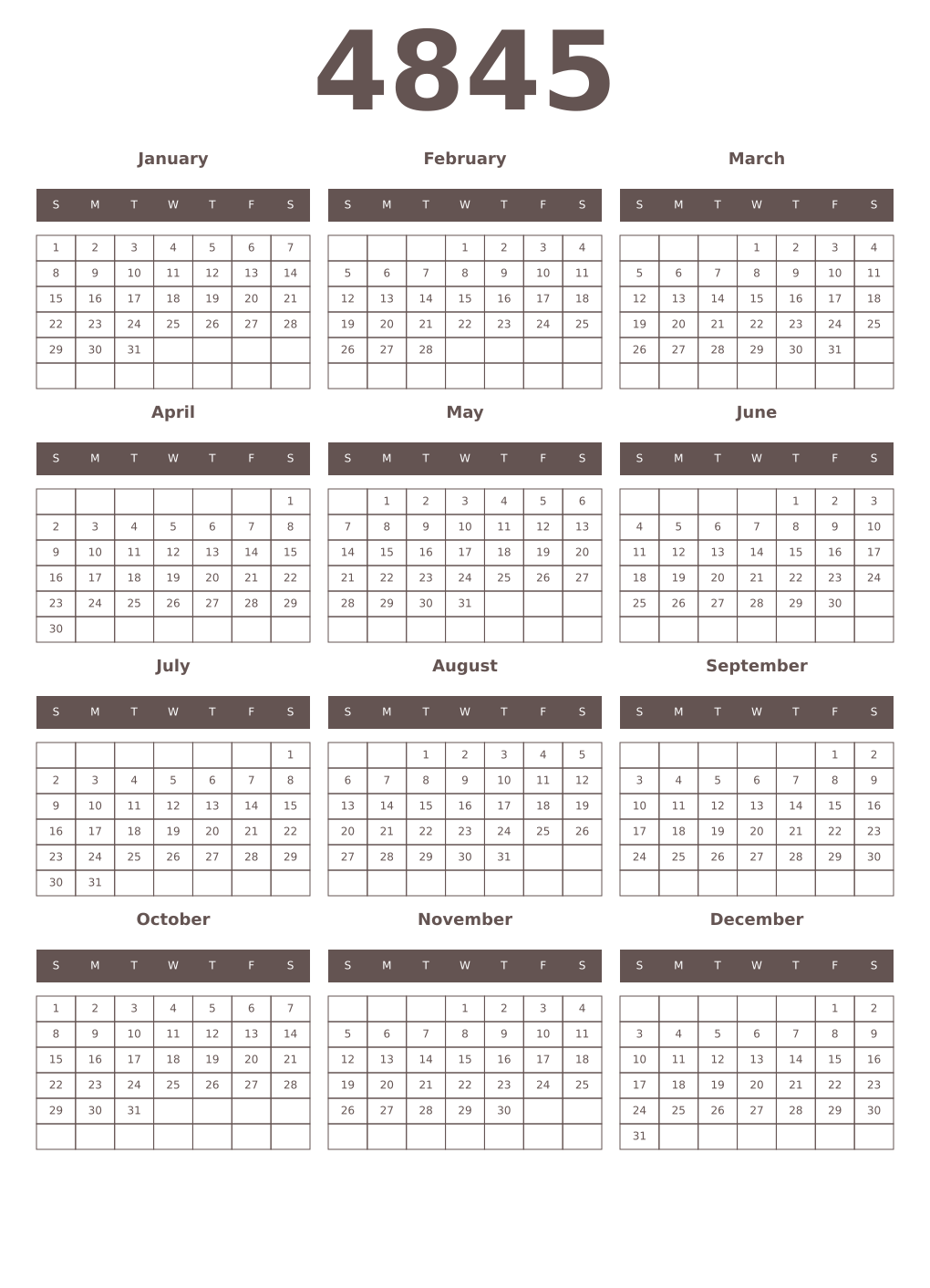 Printable 4845 Year Calendars wenge