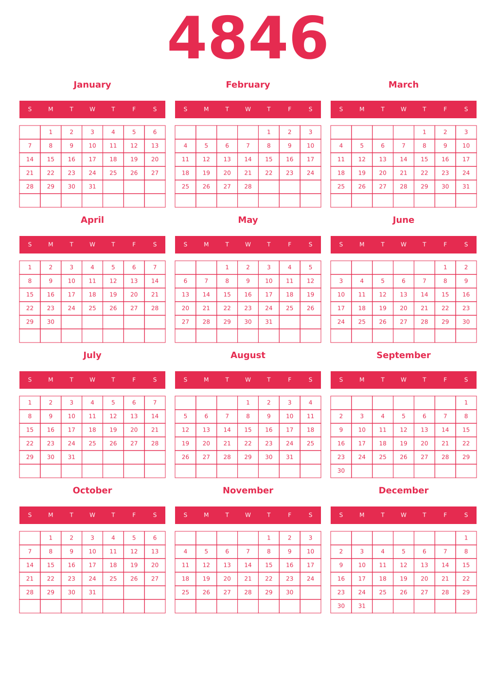 Printable 4846 Year Calendars amaranth