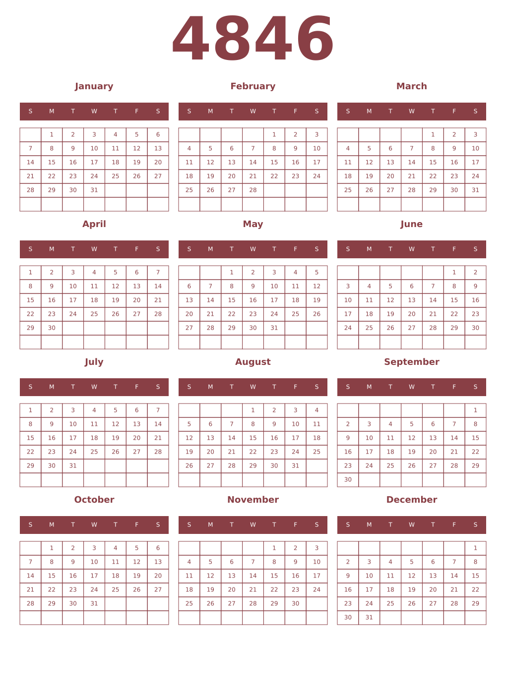 Printable 4846 Year Calendars cordovan