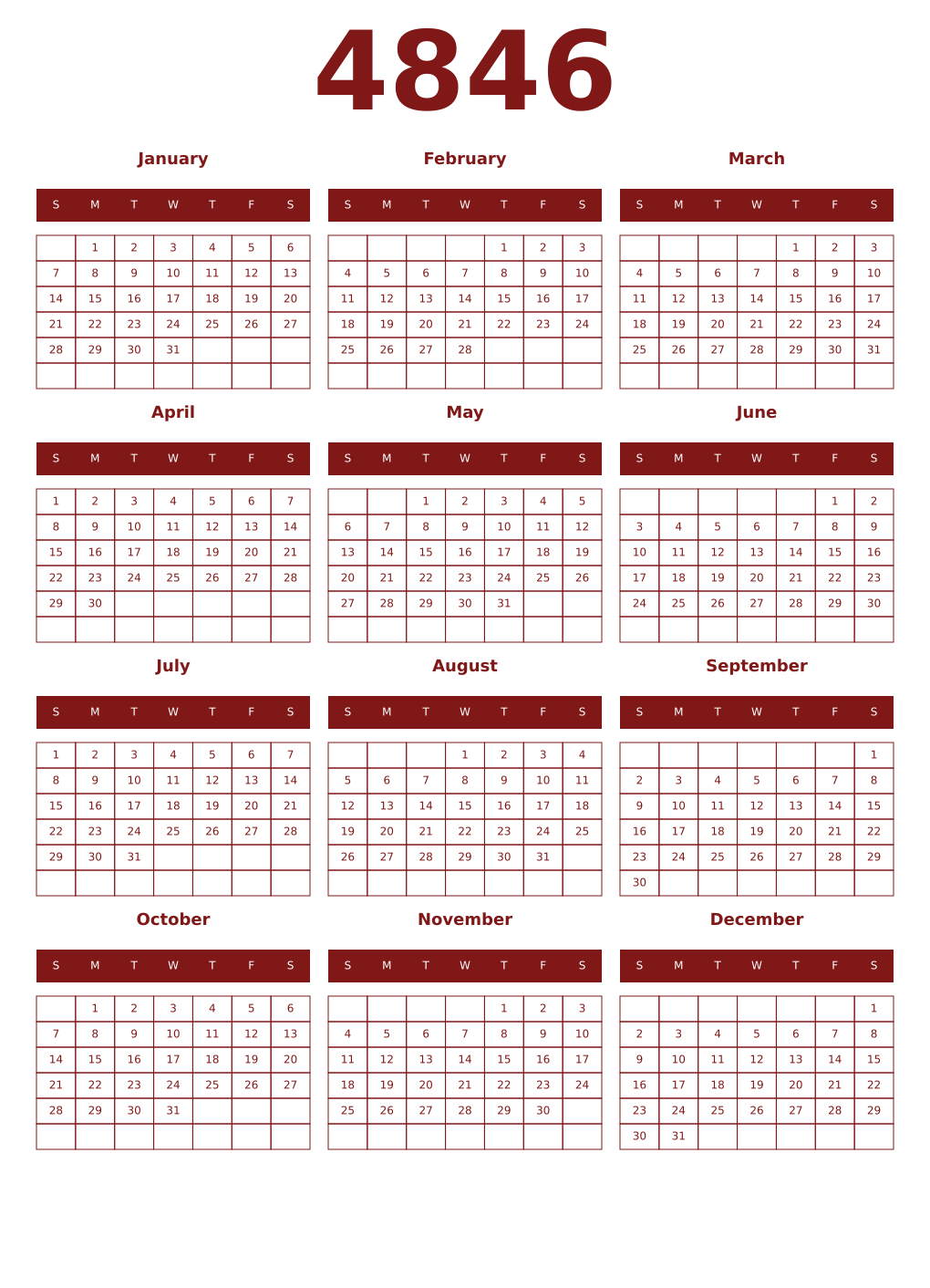 Printable 4846 Year Calendars falu