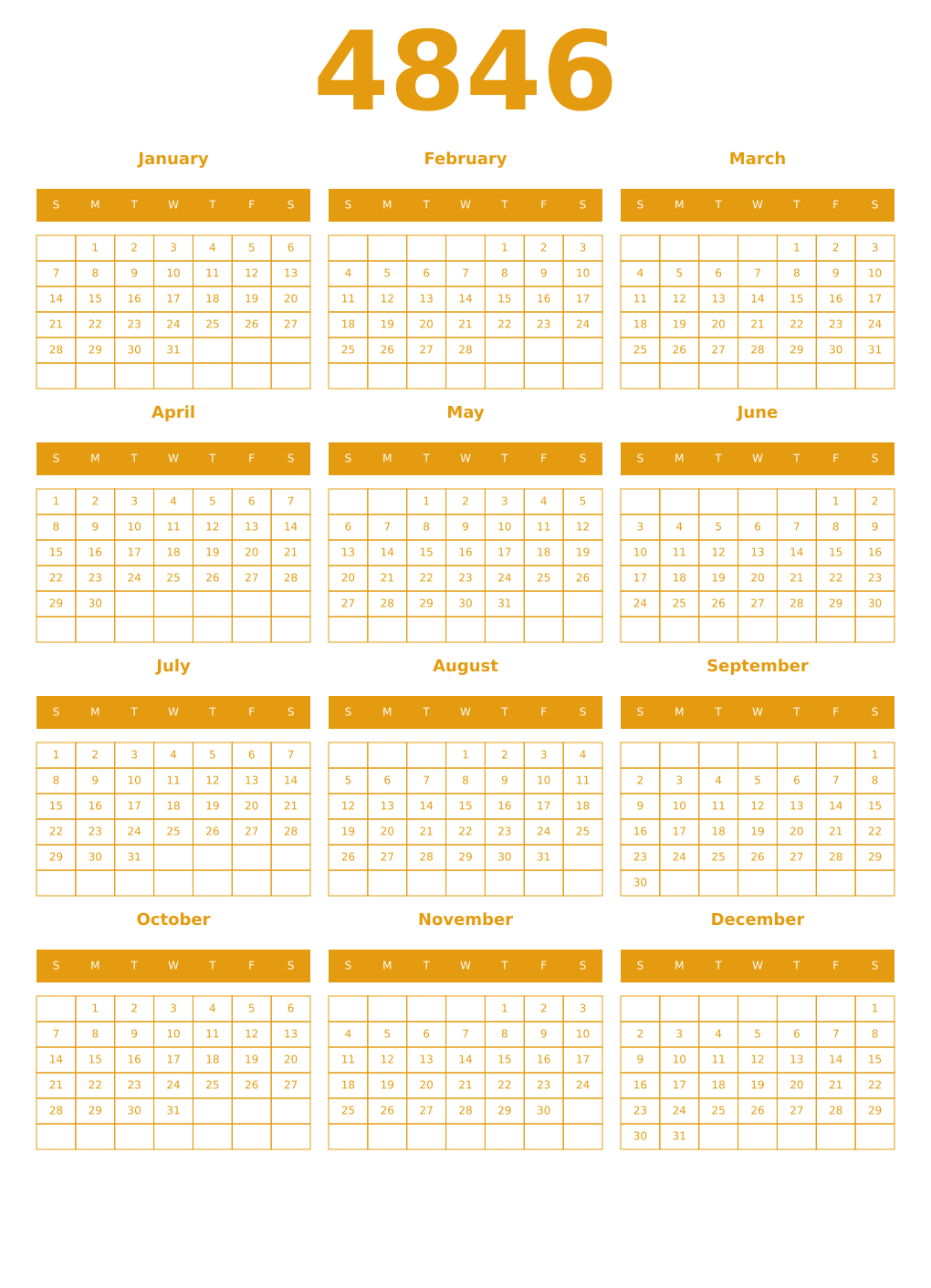 Printable 4846 Year Calendars gamboge