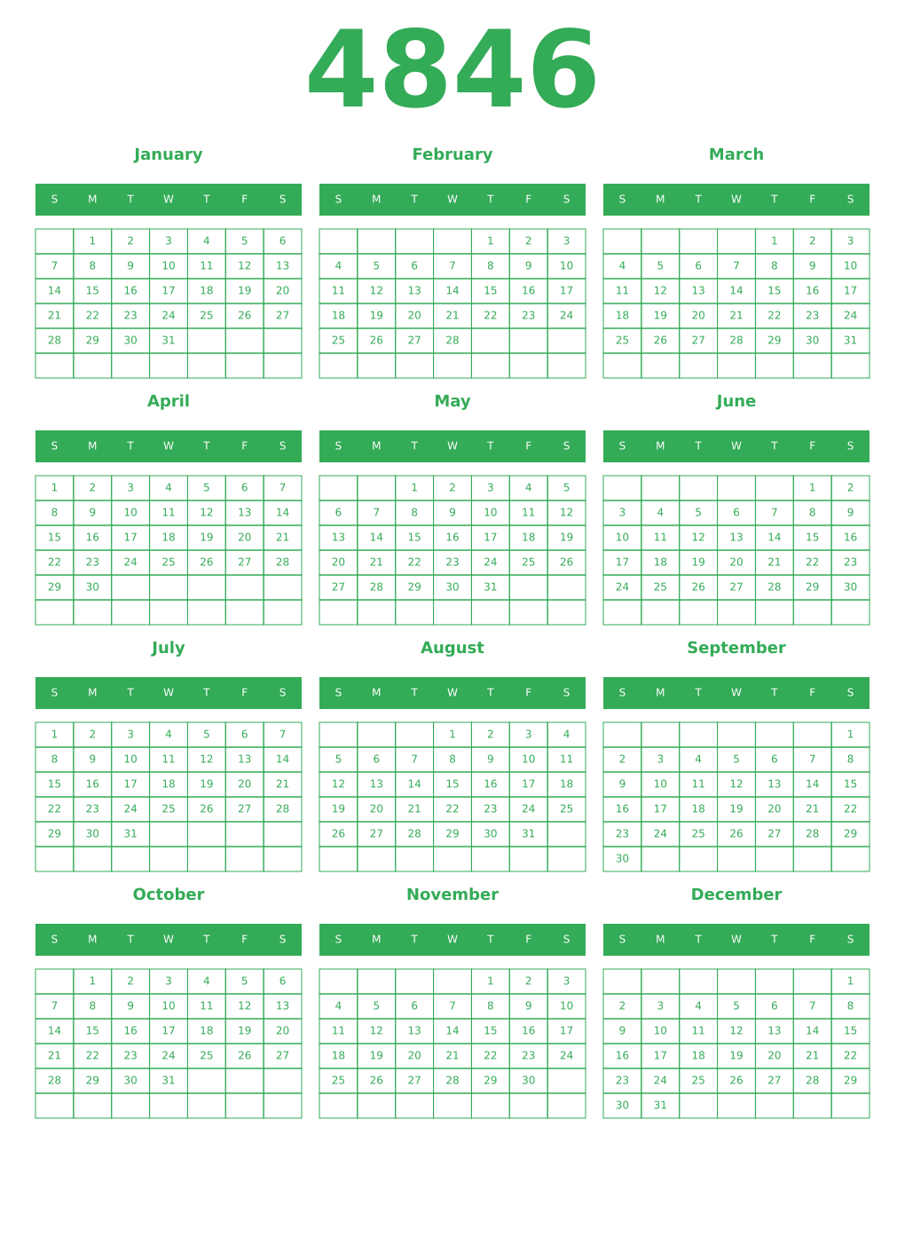 Printable 4846 Year Calendars green