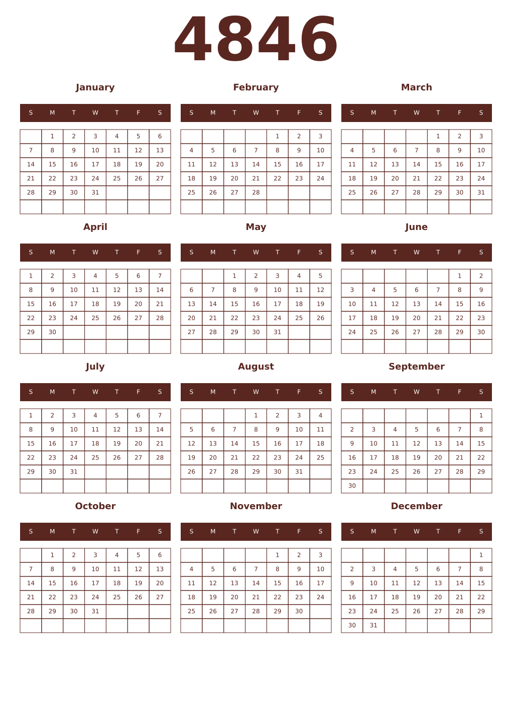 Printable 4846 Year Calendars mortuum