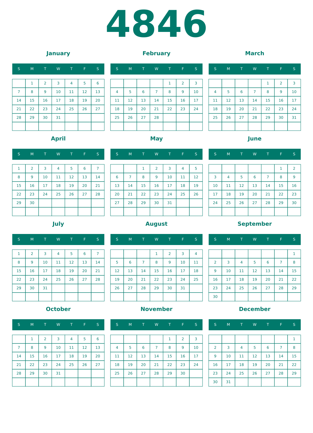 Printable 4846 Year Calendars pastel