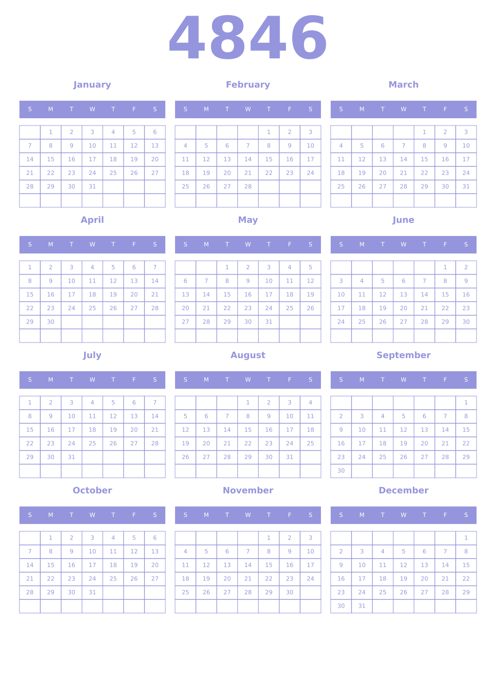 Printable 4846 Year Calendars periwinkle