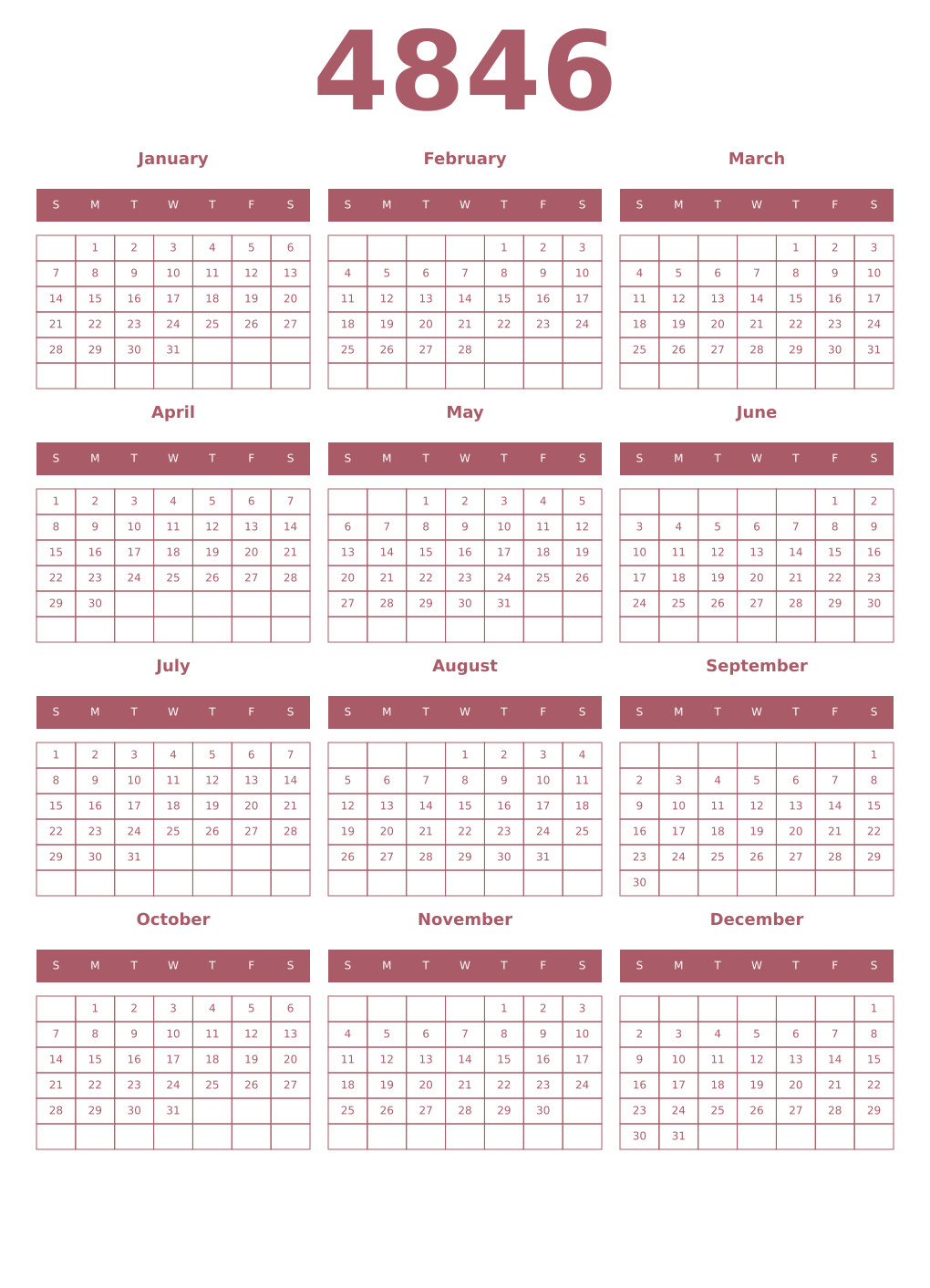 Printable 4846 Year Calendars puce