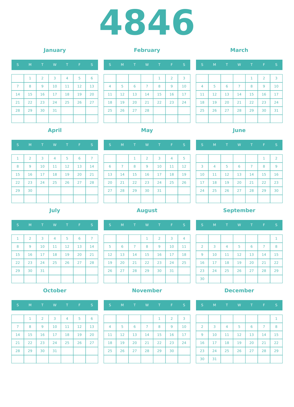 Printable 4846 Year Calendars verdigris