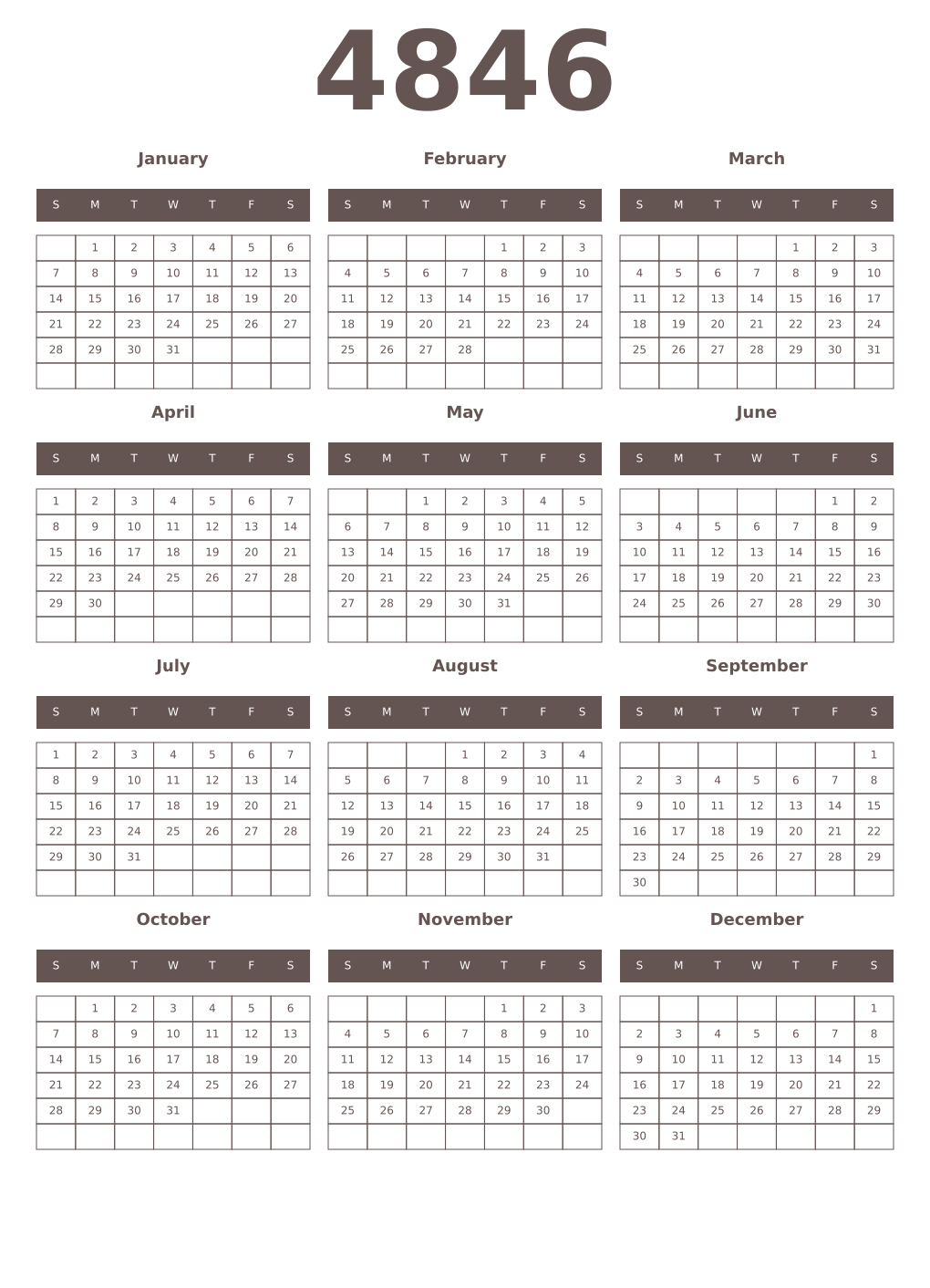 Printable 4846 Year Calendars wenge