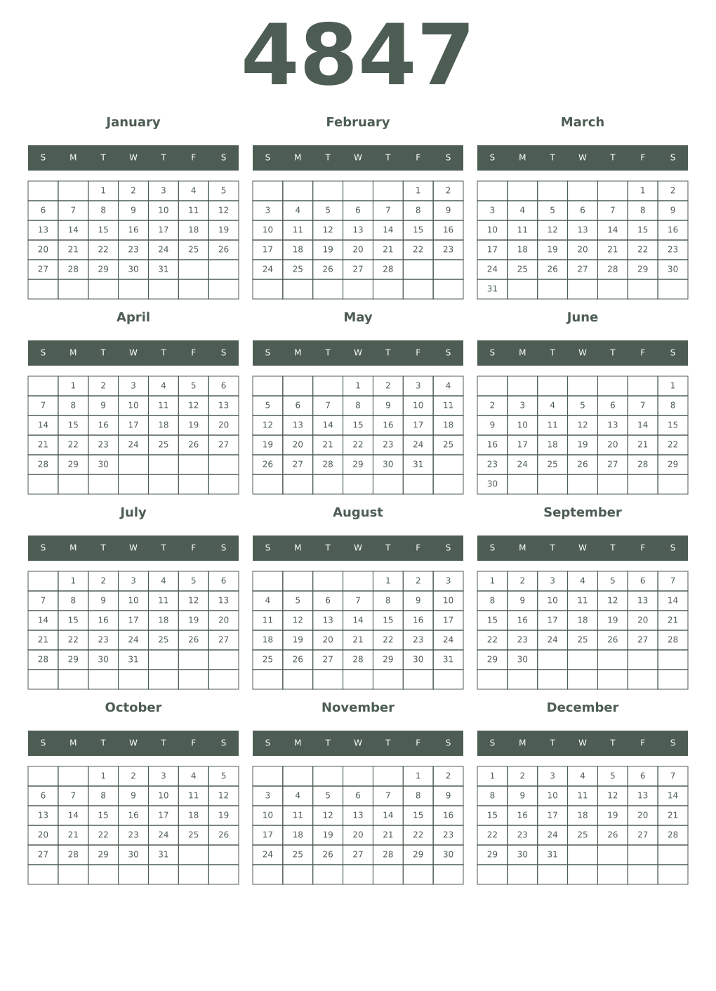 Printable 4847 Year Calendars feldgrau