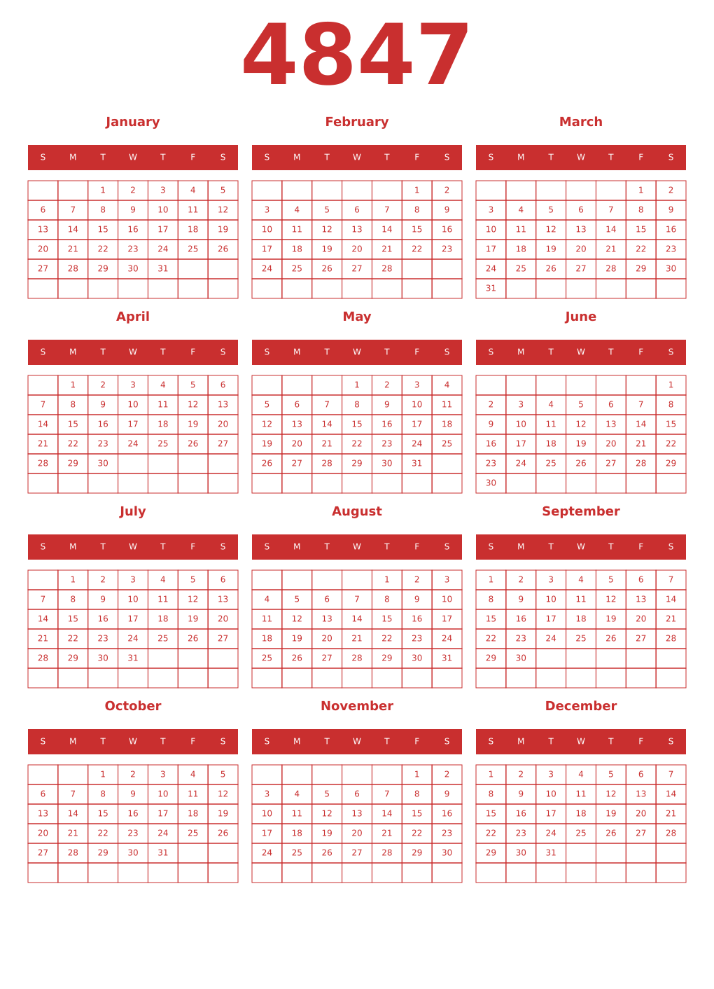 Printable 4847 Year Calendars red