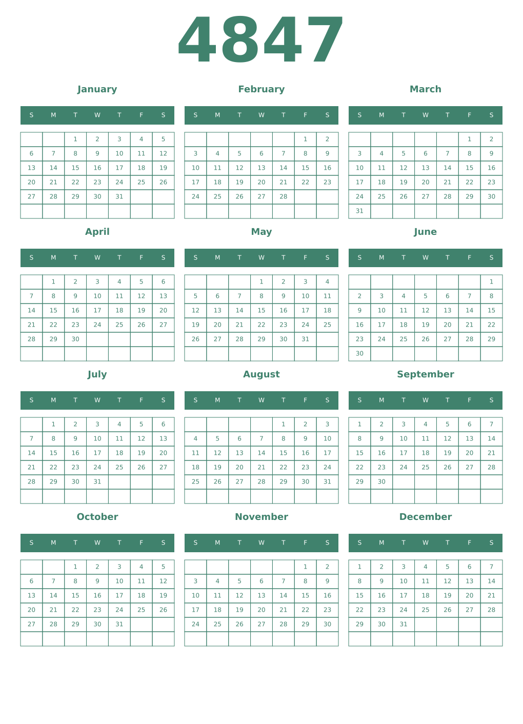 Printable 4847 Year Calendars viridian
