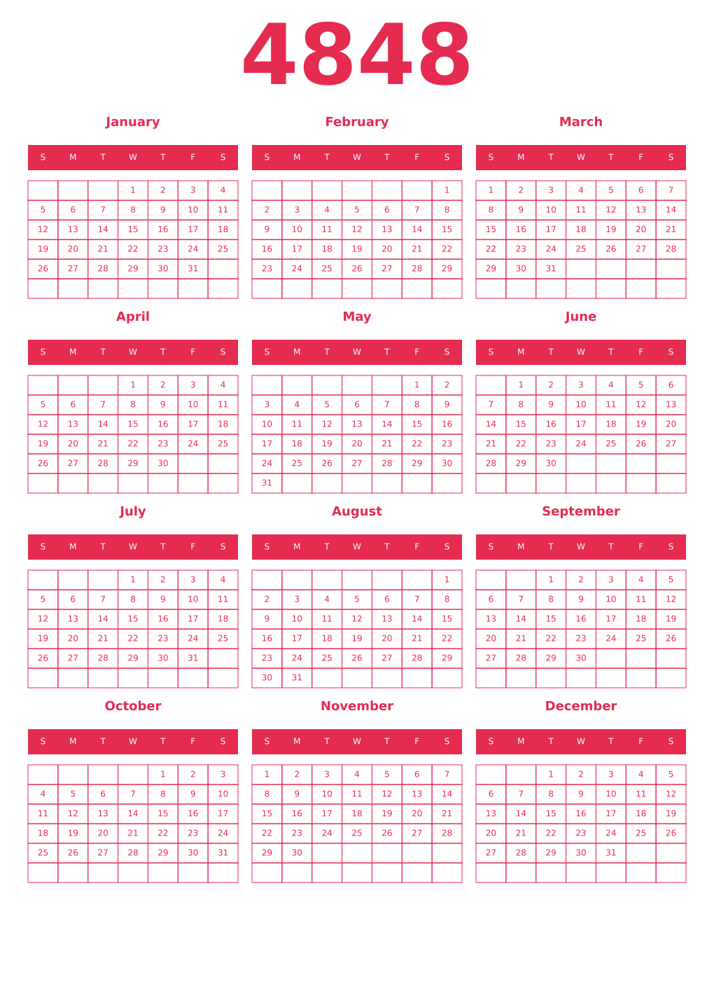 Printable 4848 Year Calendars amaranth