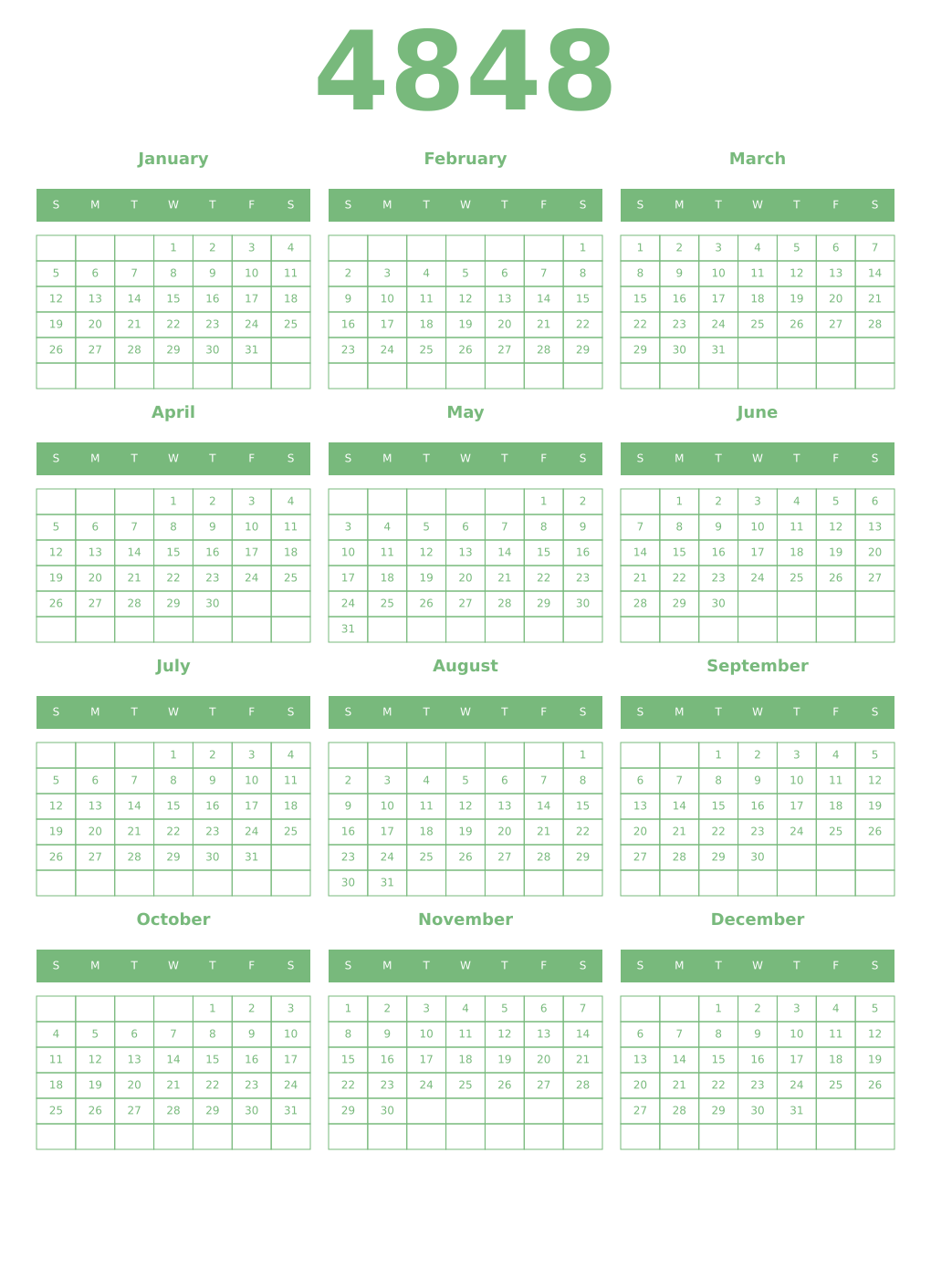 Printable 4848 Year Calendars celadon