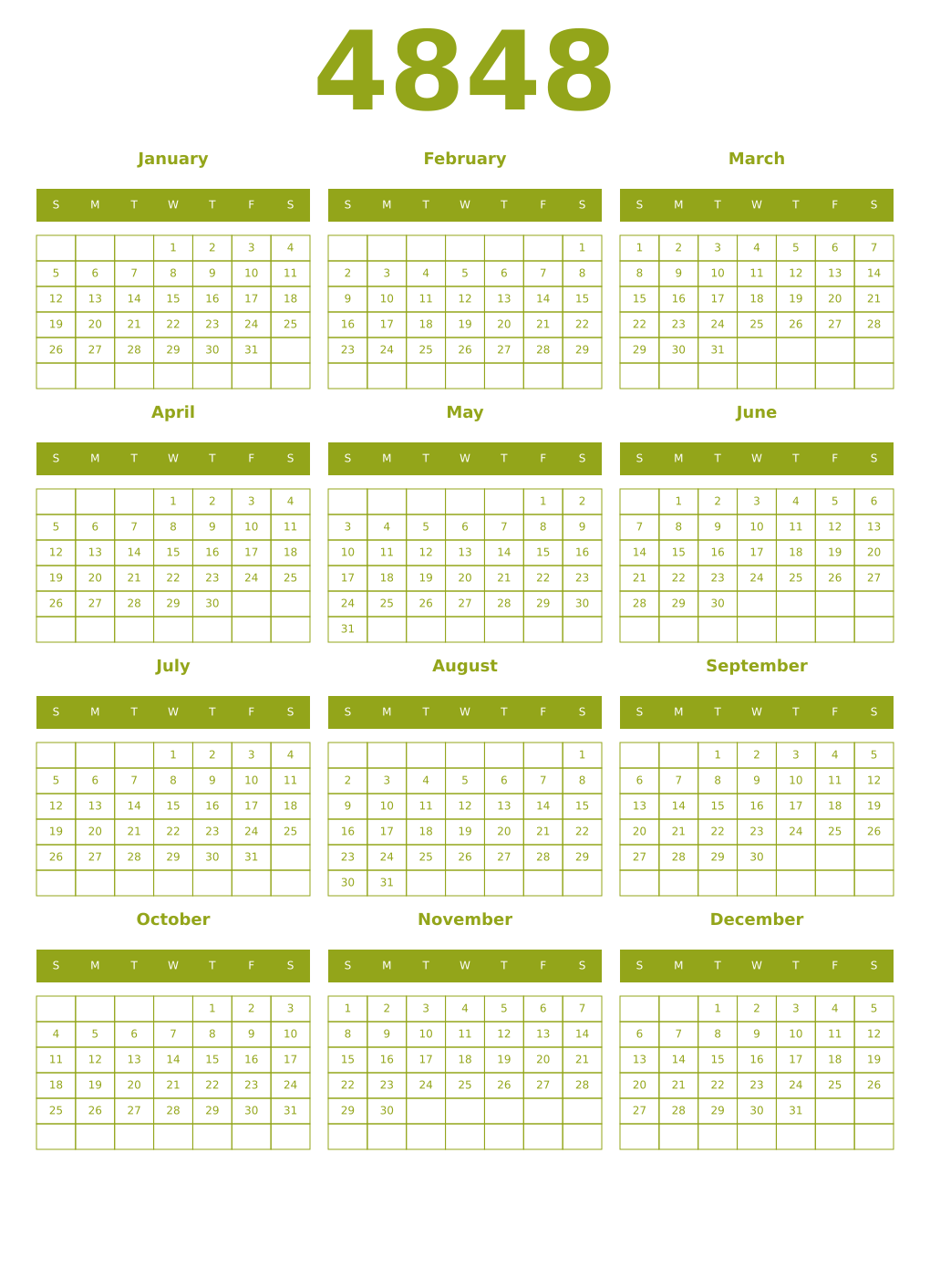 Printable 4848 Year Calendars chartreuse
