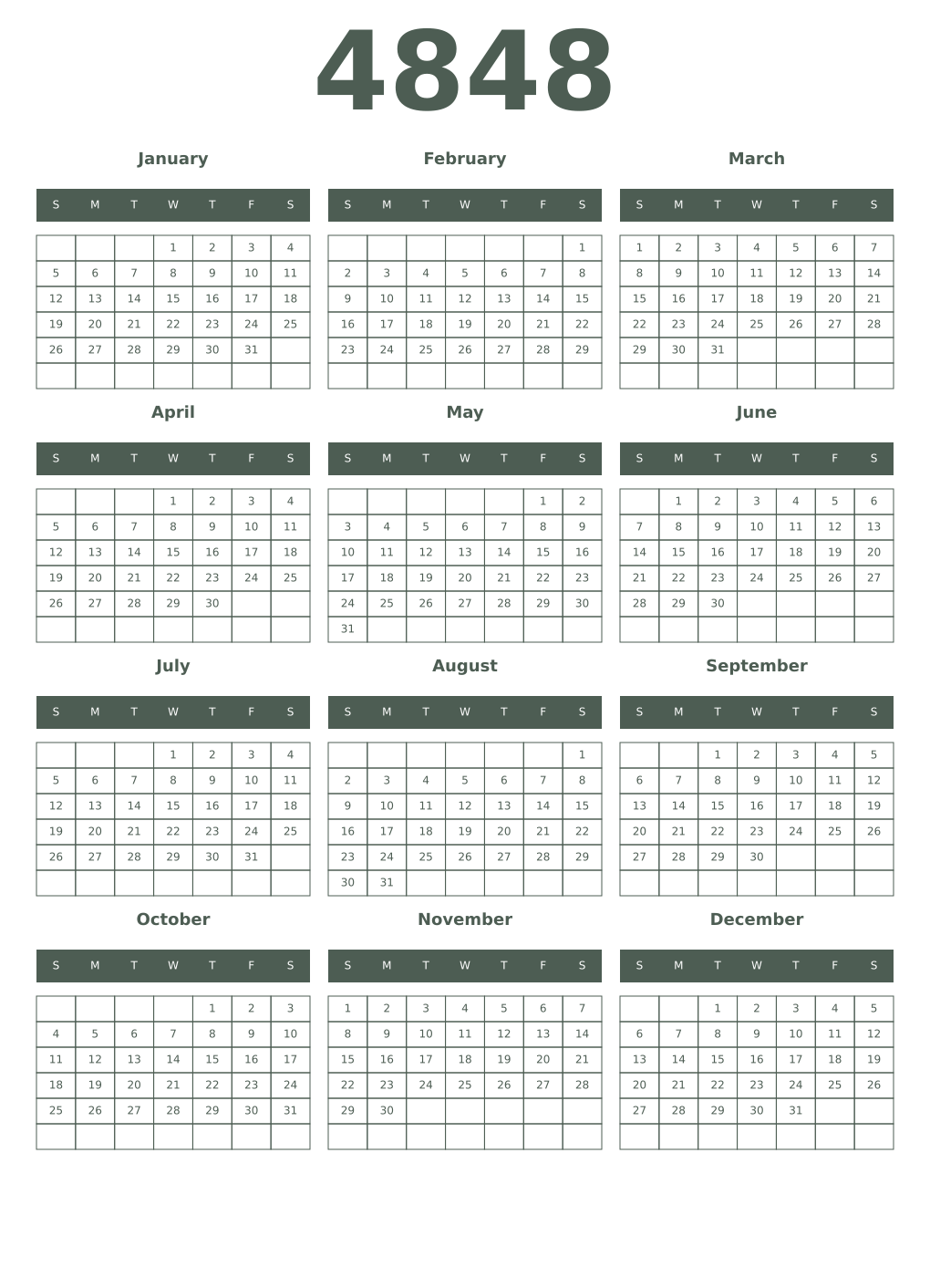 Printable 4848 Year Calendars feldgrau