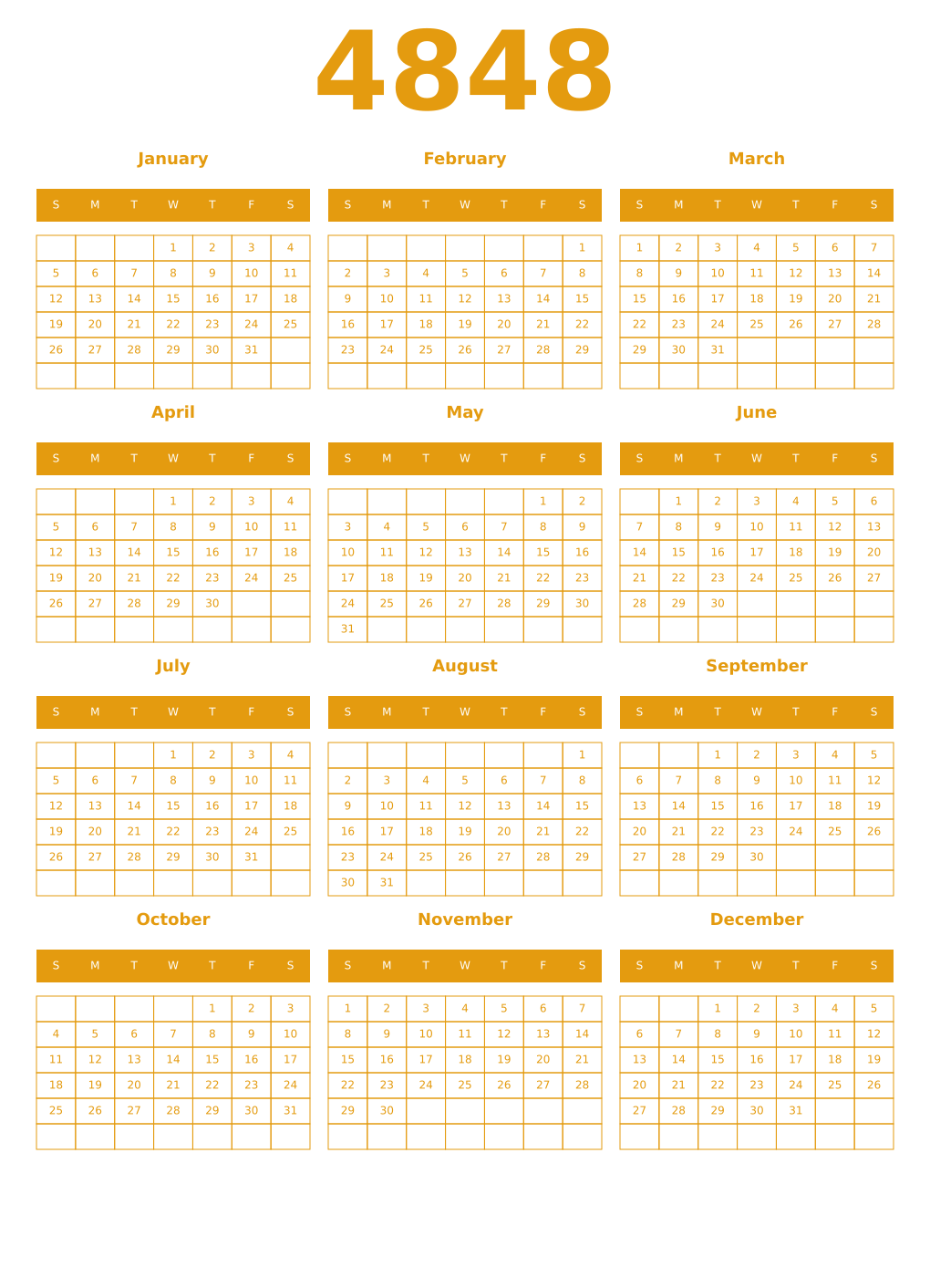 Printable 4848 Year Calendars gamboge