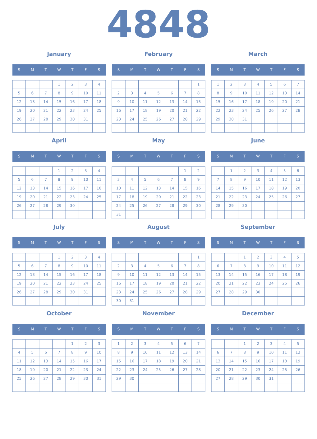 Printable 4848 Year Calendars glaucous