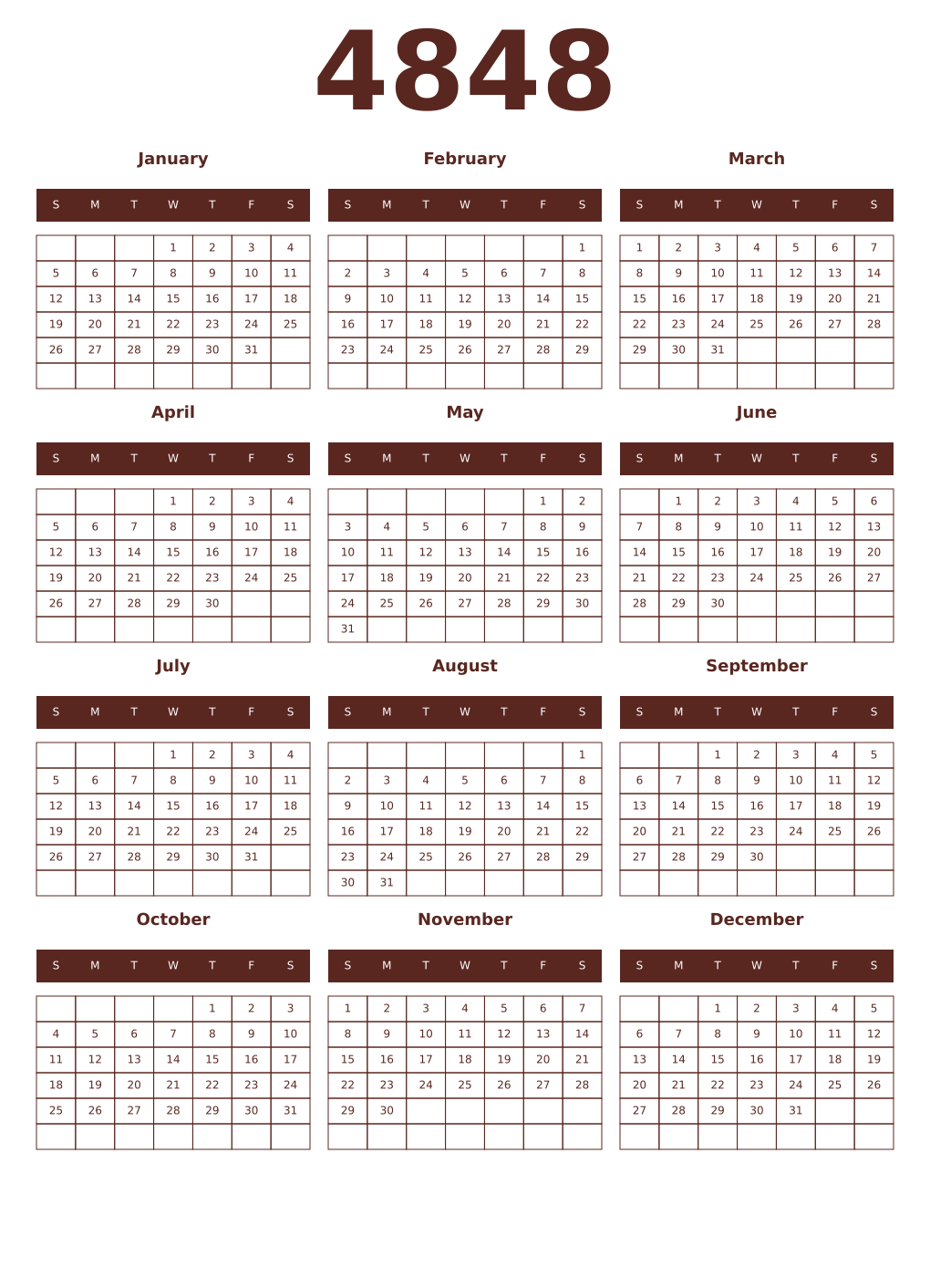 Printable 4848 Year Calendars mortuum