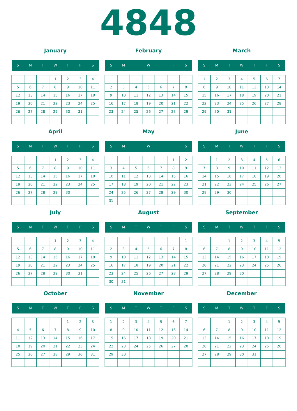 Printable 4848 Year Calendars pastel