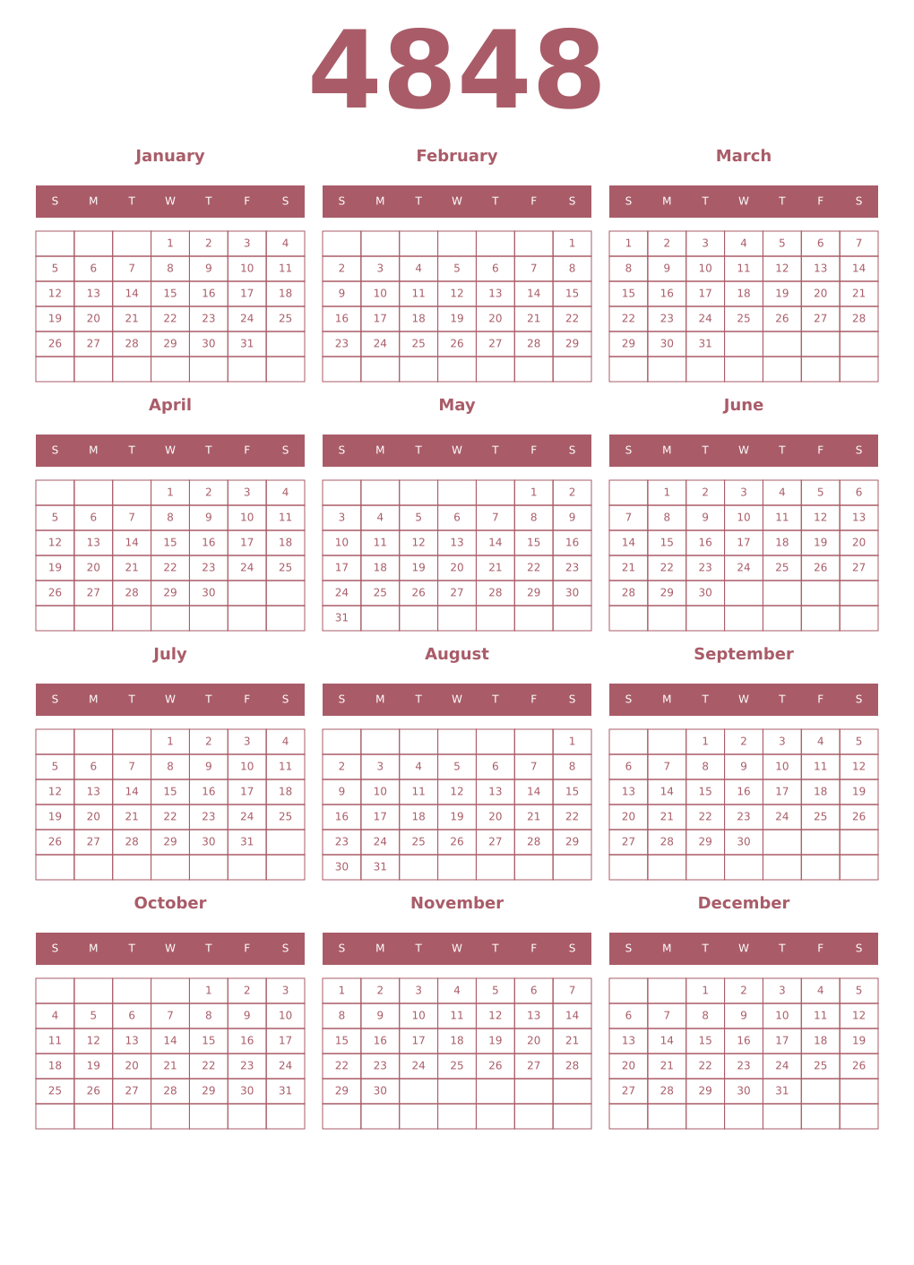 Printable 4848 Year Calendars puce