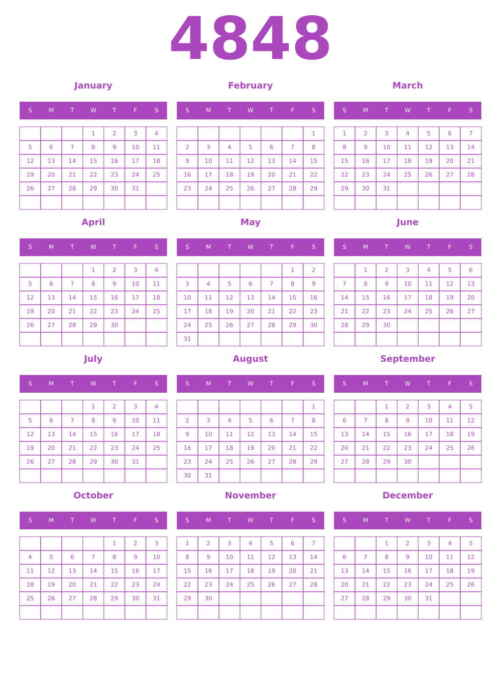 Printable 4848 Year Calendars purple