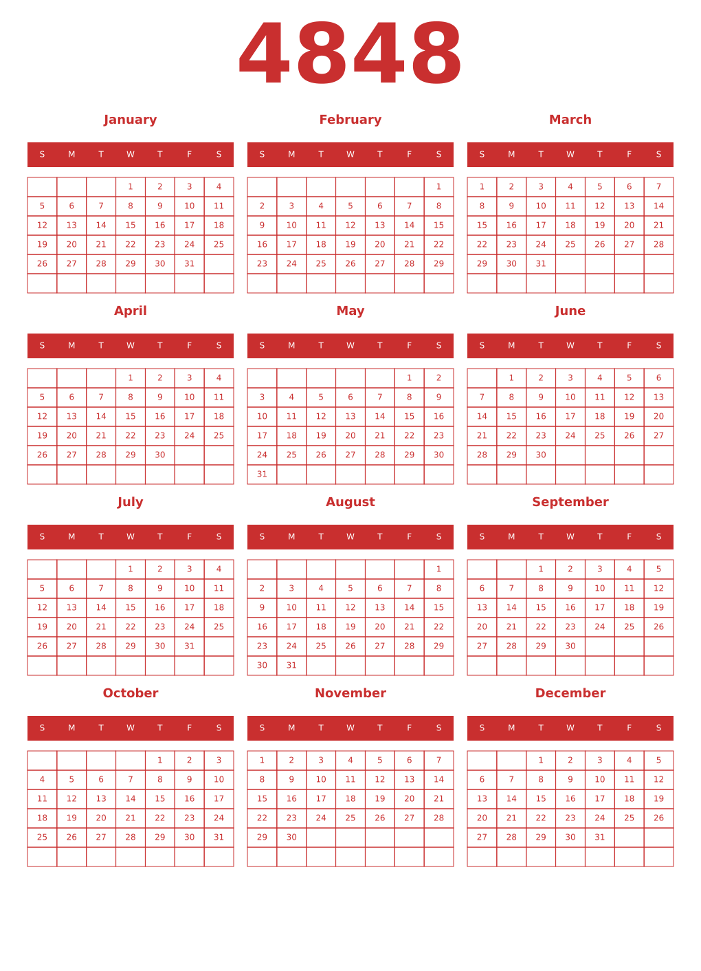 Printable 4848 Year Calendars red
