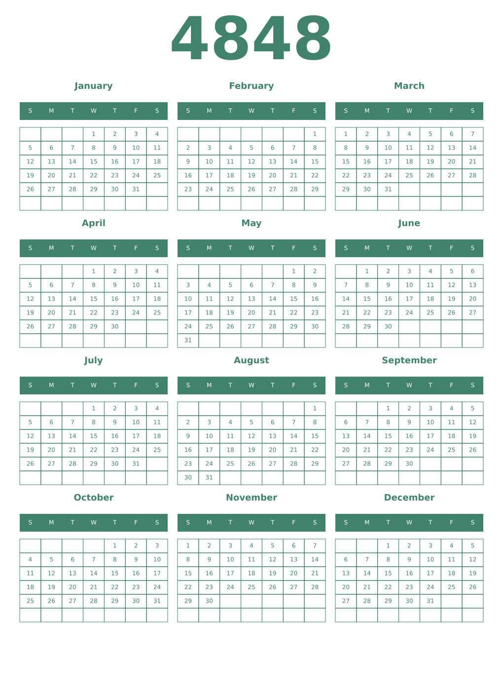 Printable 4848 Year Calendars viridian