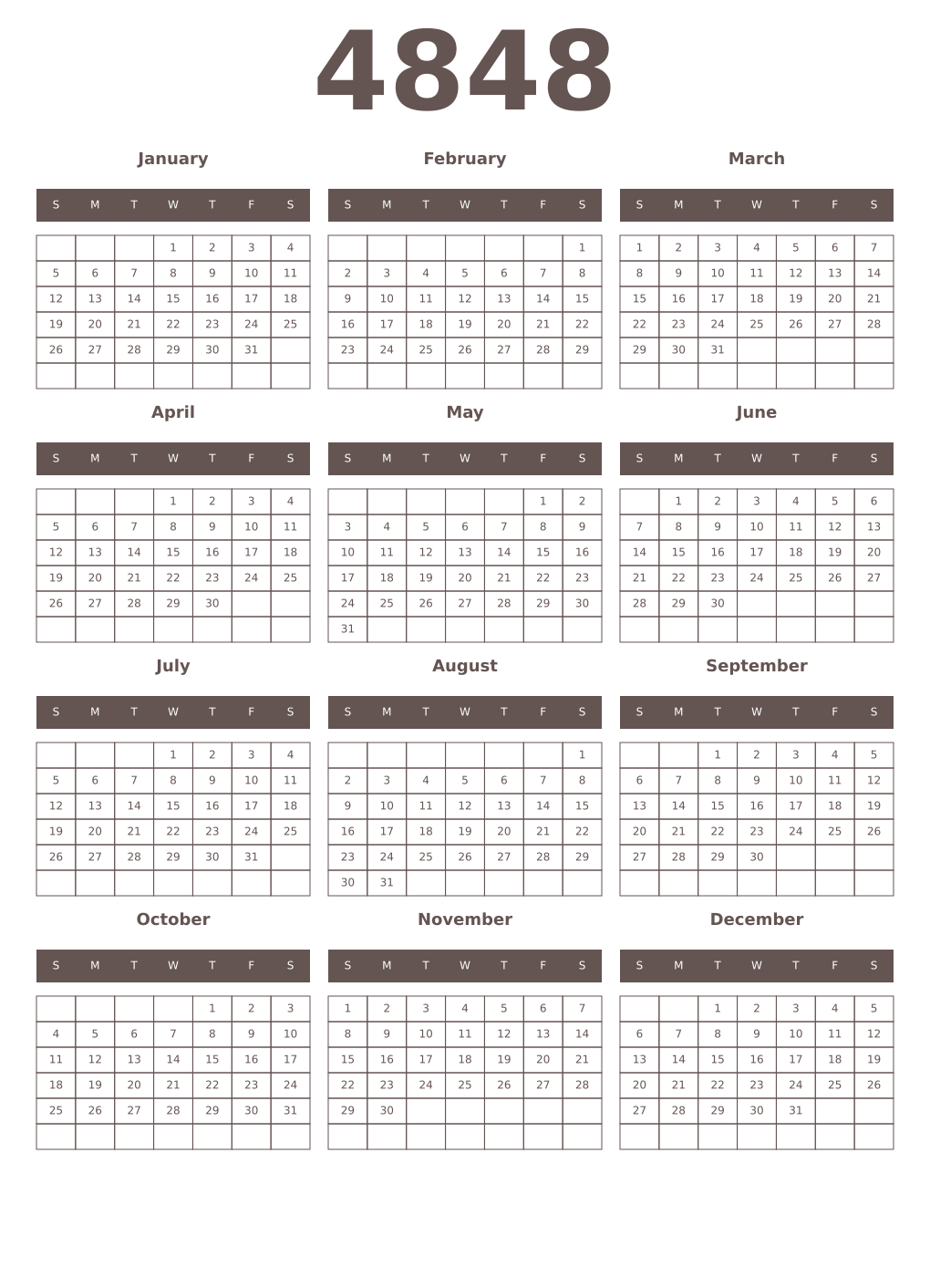 Printable 4848 Year Calendars wenge