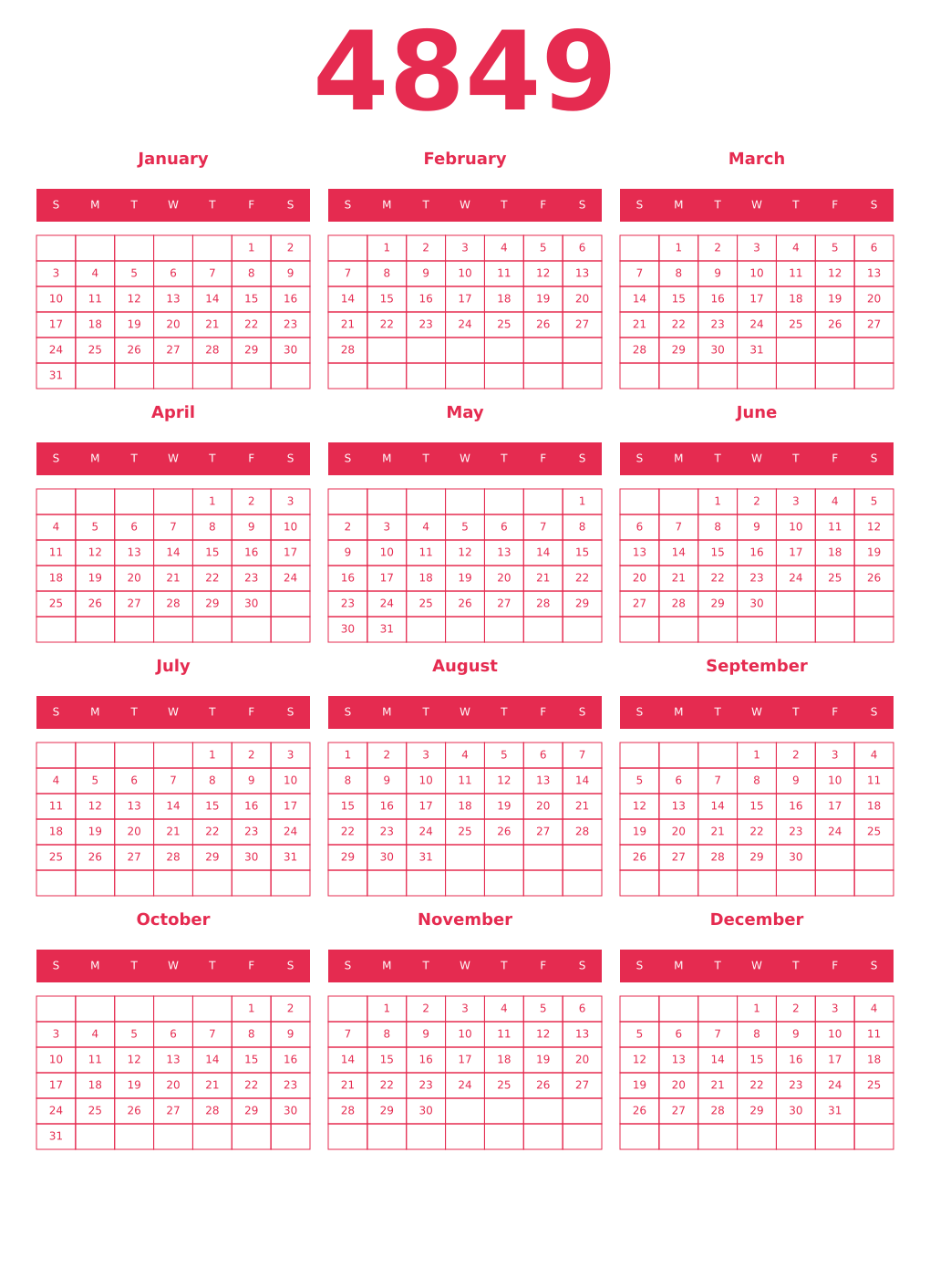 Printable 4849 Year Calendars amaranth