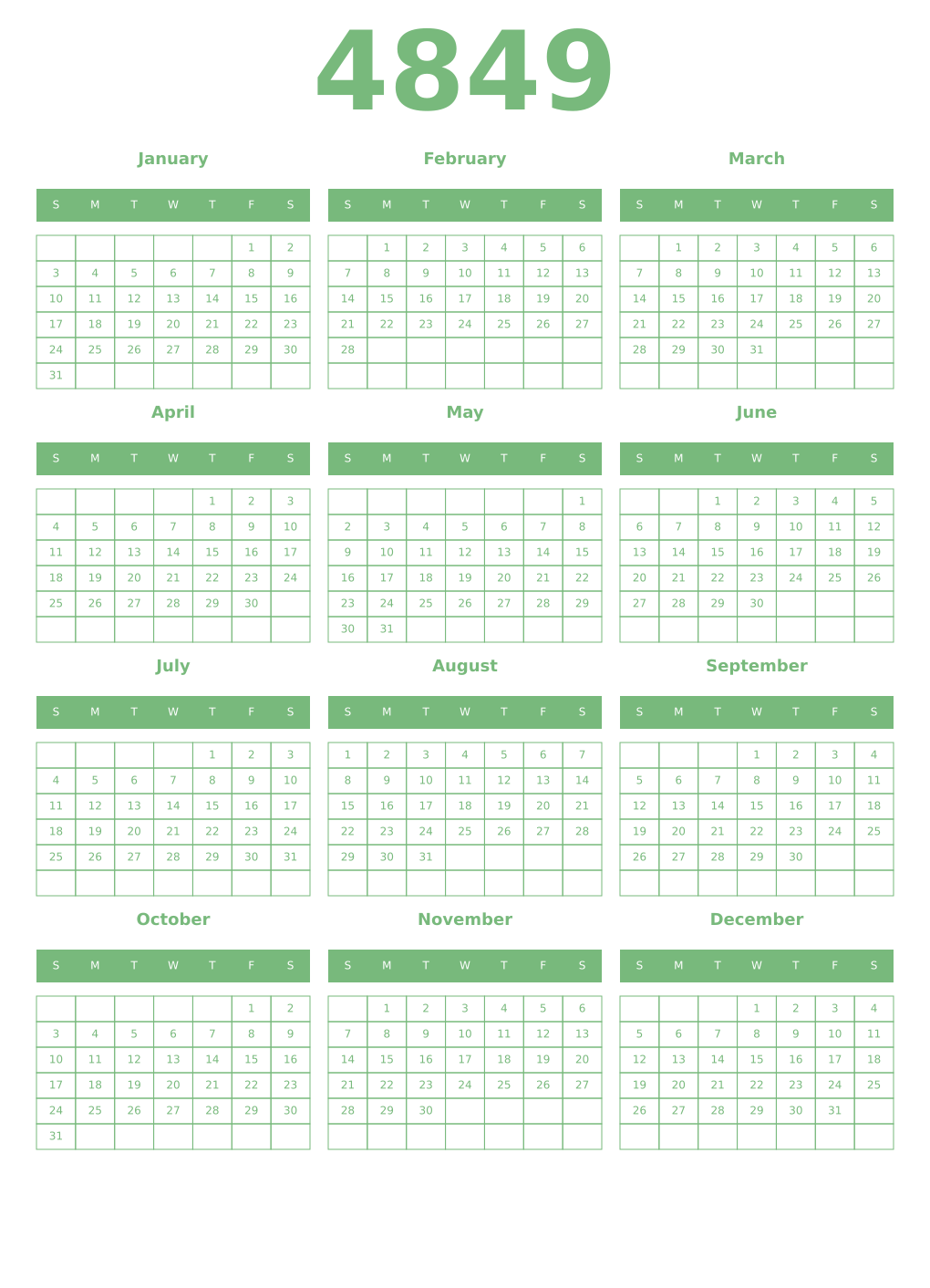 Printable 4849 Year Calendars celadon