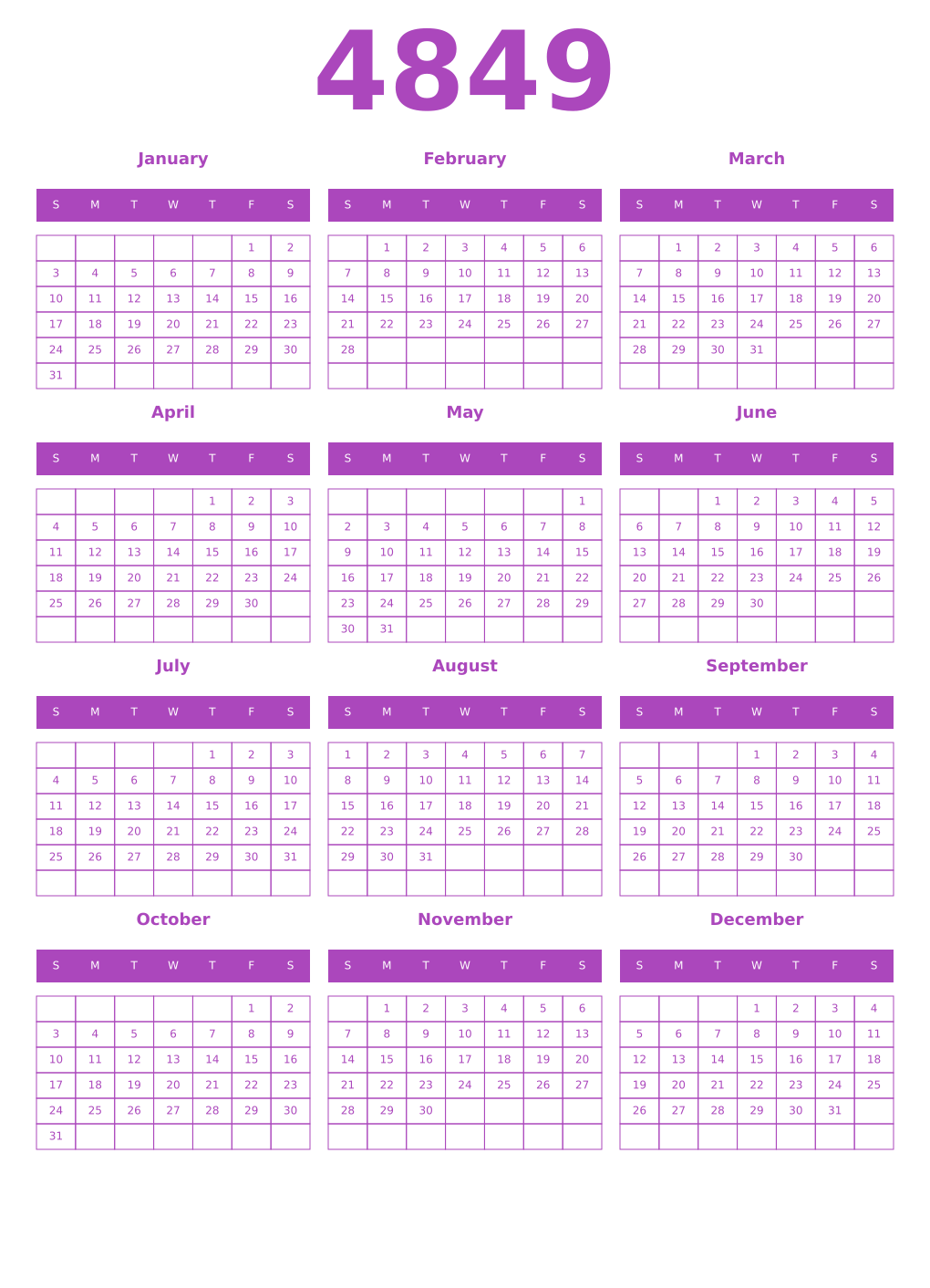 Printable 4849 Year Calendars purple