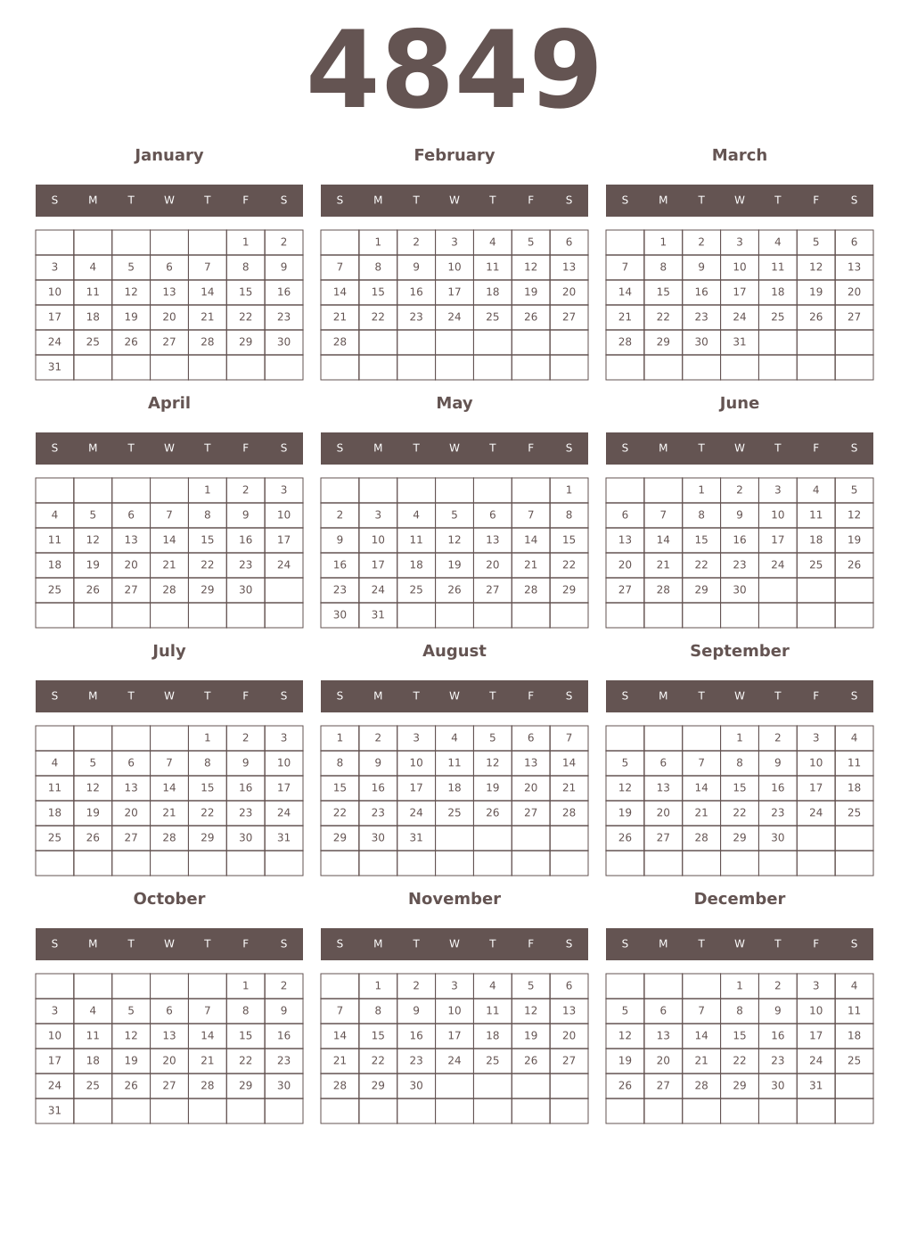 Printable 4849 Year Calendars wenge
