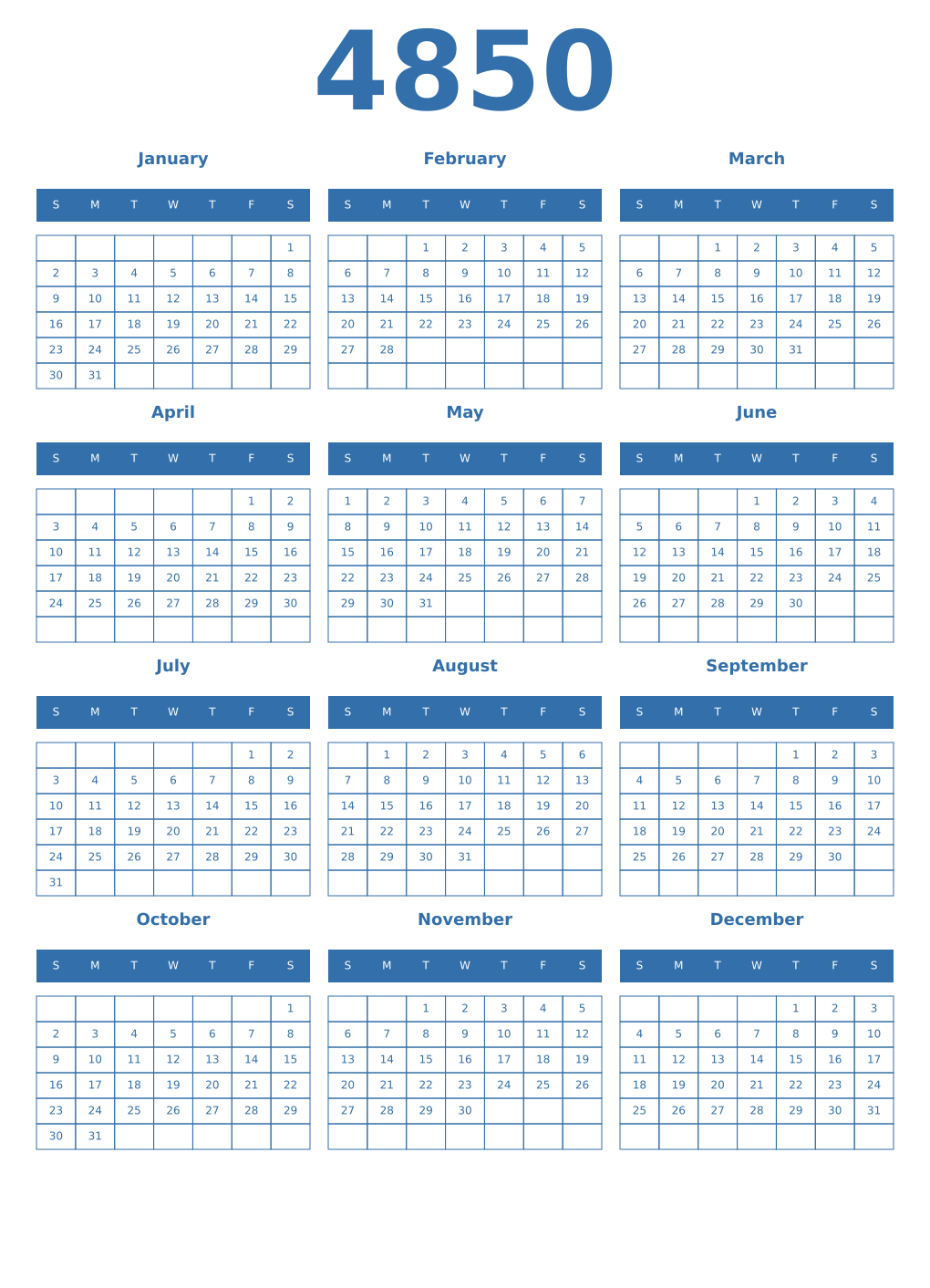 Printable 4850 Year Calendars blue