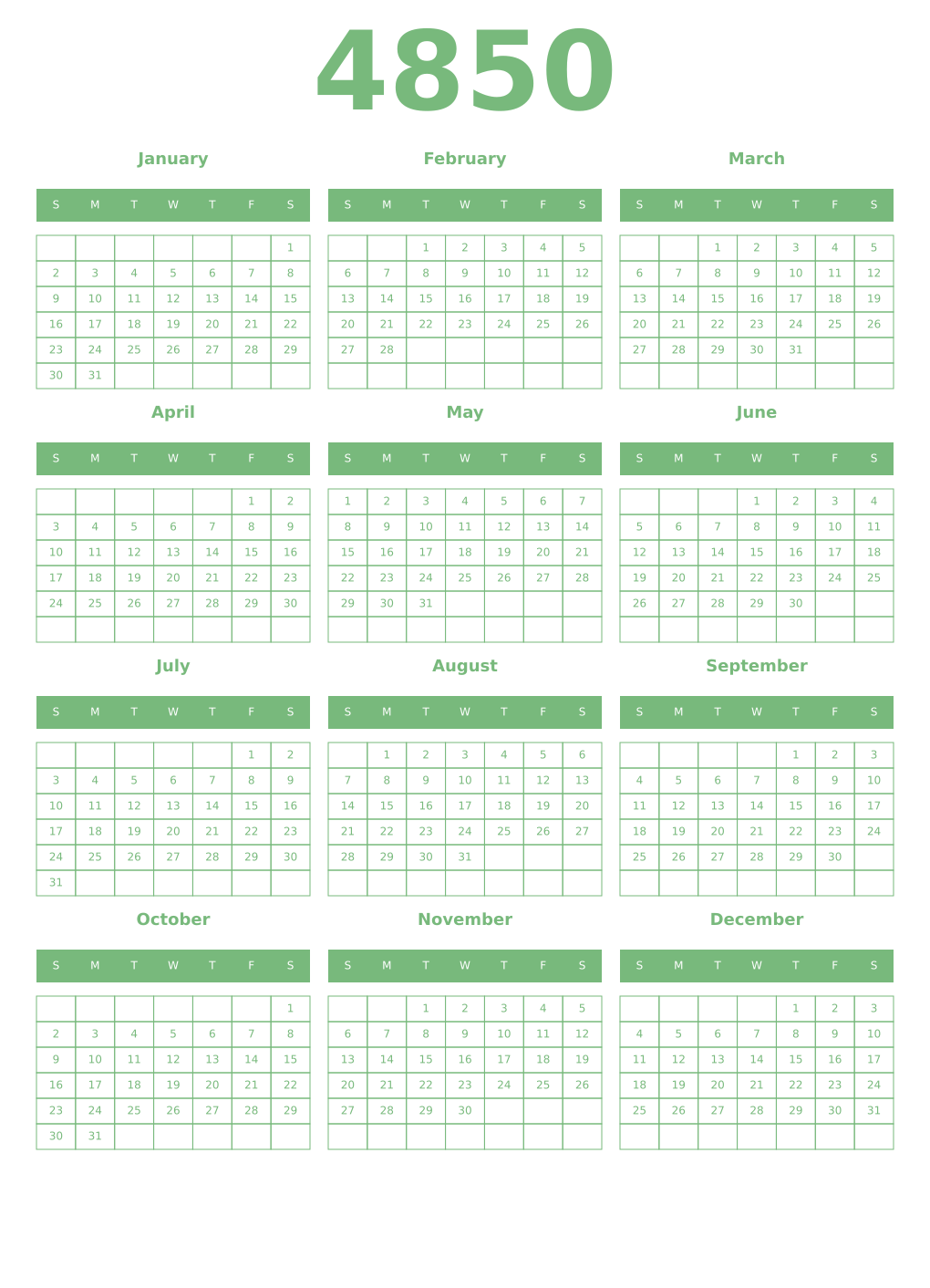 Printable 4850 Year Calendars celadon