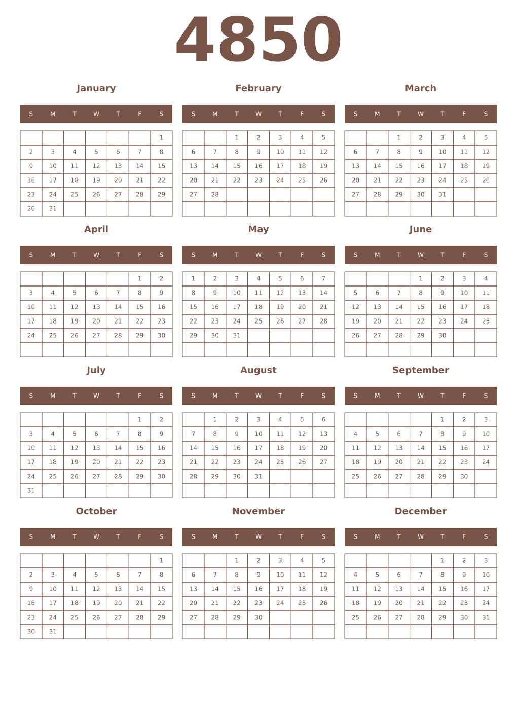 Printable 4850 Year Calendars coffe